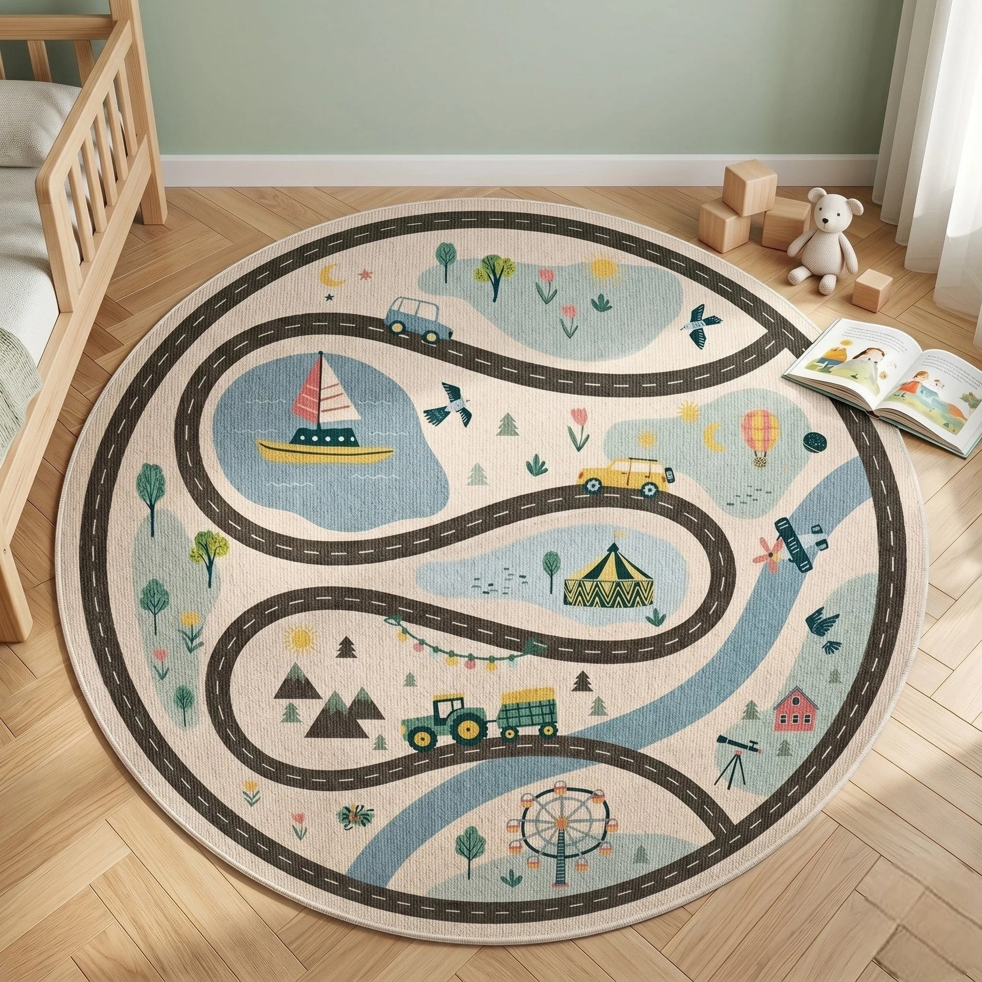 Tapis rond enfant circuit aventure au pied d'un lit blanc avec peluche ours et cubes en bois
