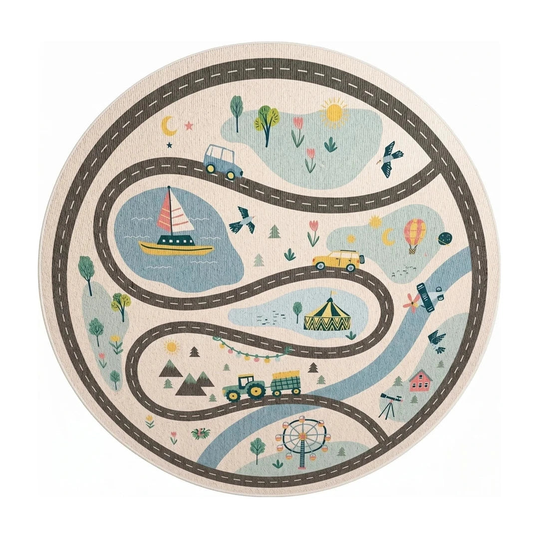 tapis-rond-enfant-circuit-aventure, vue de dessus sur fond blanc