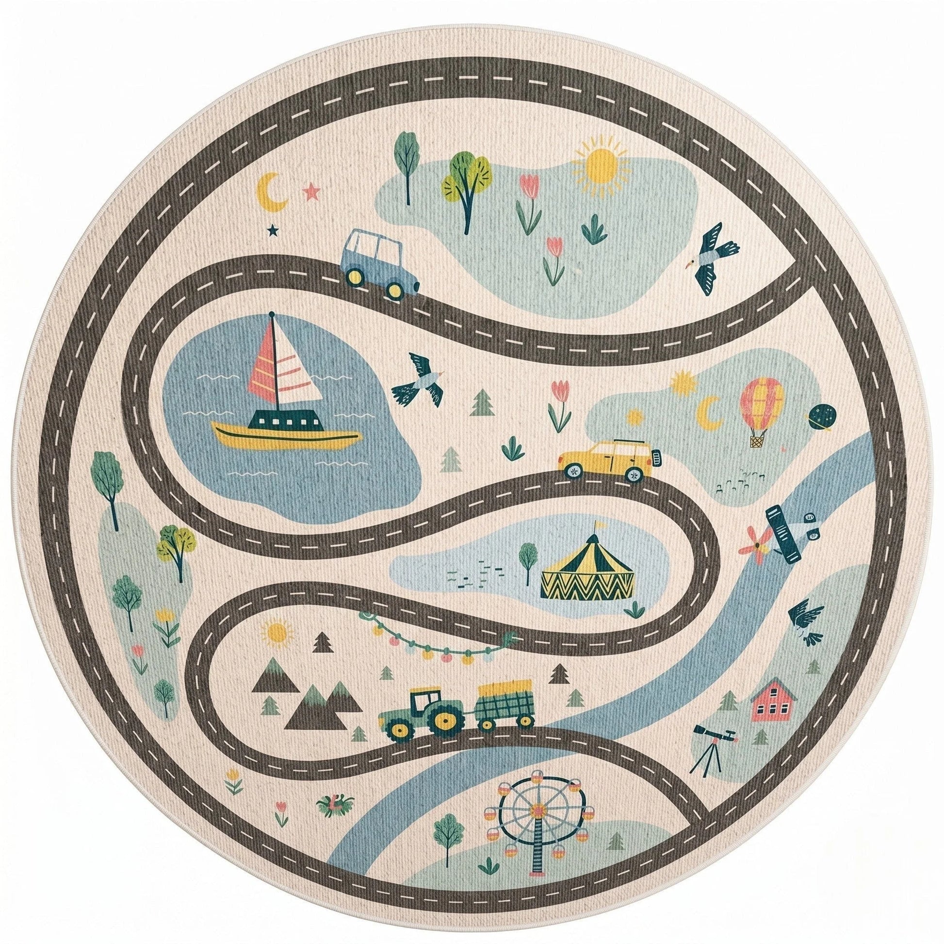 Vue studio du tapis rond enfant circuit aventure, route serpentine avec voilier, montgolfière, tracteur et grande roue