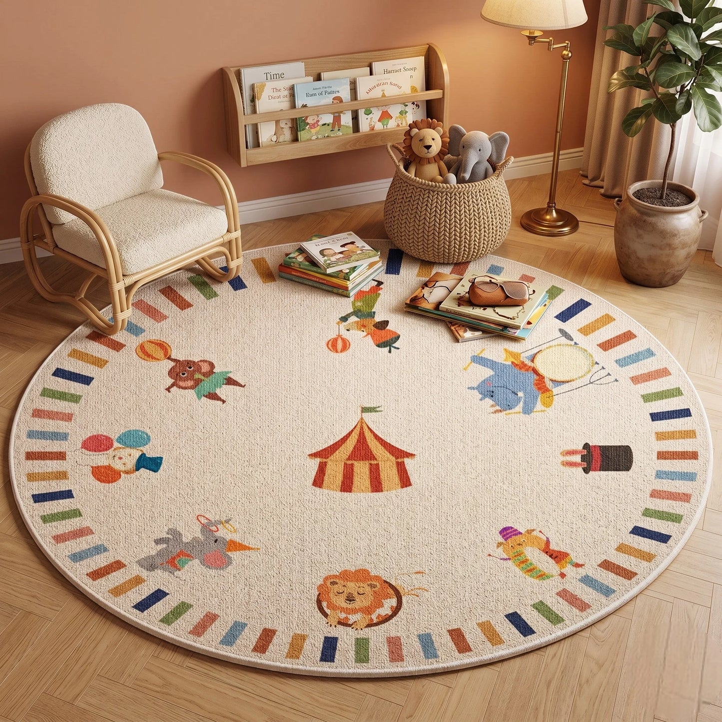 Tapis rond enfant cirque animaux dans un coin lecture avec fauteuil bouclé crème, étagère de livres et lion en peluche