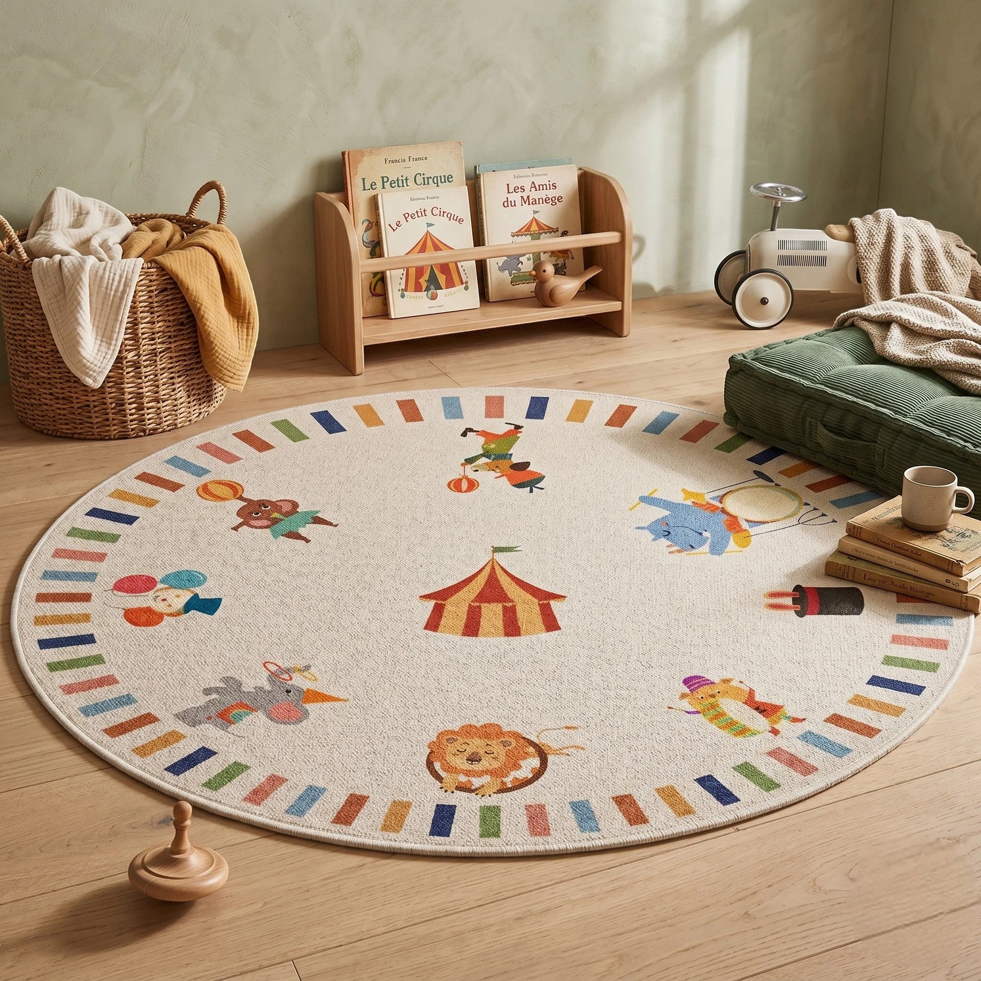 Tapis rond enfant cirque animaux dans un salon avec panier en rotin, livres illustrés et coussin vert