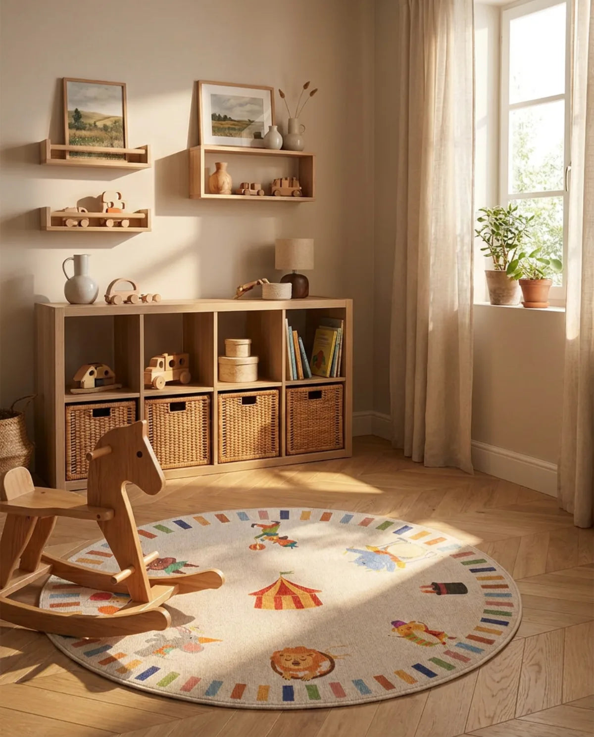 Tapis rond enfant cirque animaux dans une chambre d'enfant, cheval à bascule posé dessus