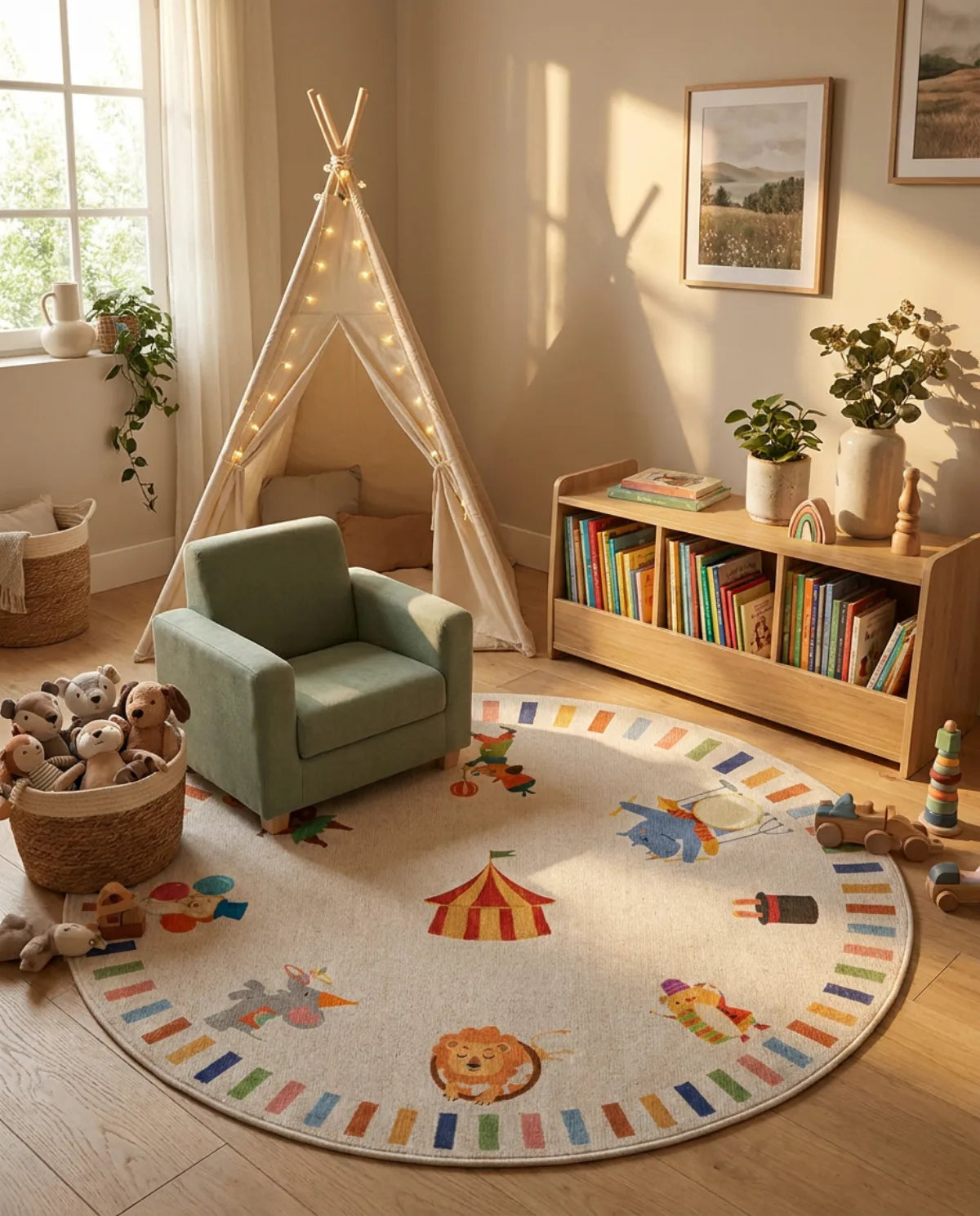 Tapis rond enfant cirque animaux dans un coin lecture avec tipi et fauteuil enfant