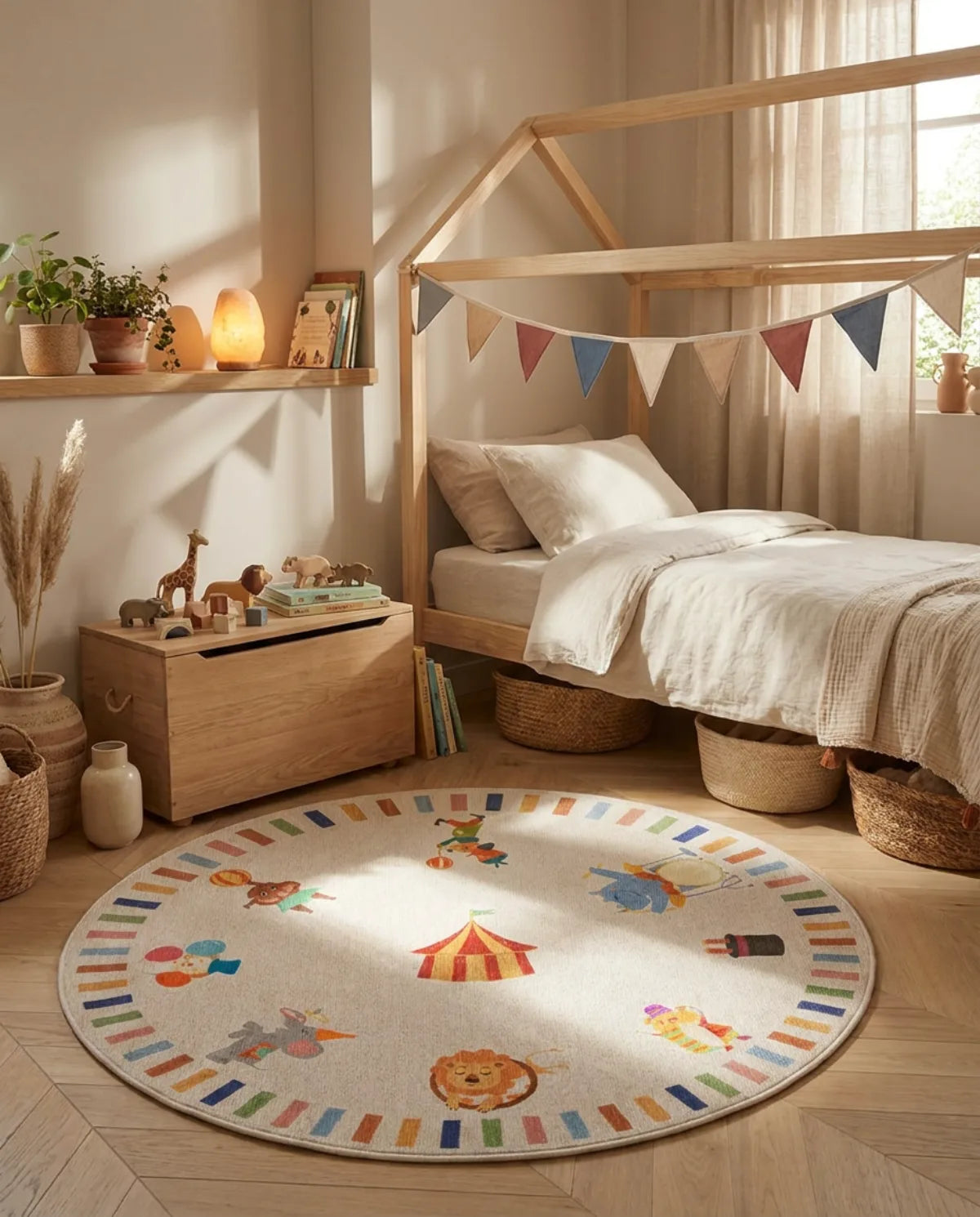 Tapis rond enfant cirque animaux au pied d'un lit cabane, coffre à jouets posé dessus