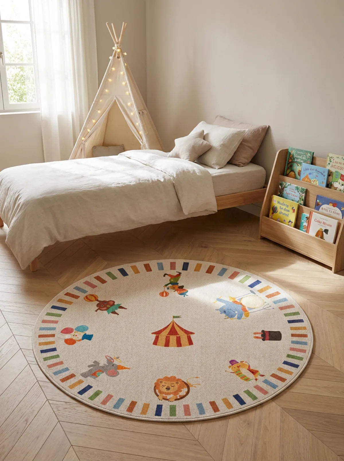 Tapis rond enfant cirque animaux dans une chambre d'enfant