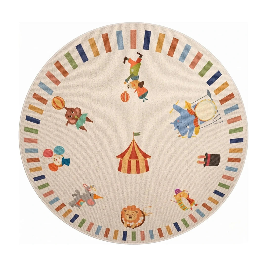 tapis-rond-enfant-cirque-animaux, vue de dessus sur fond blanc