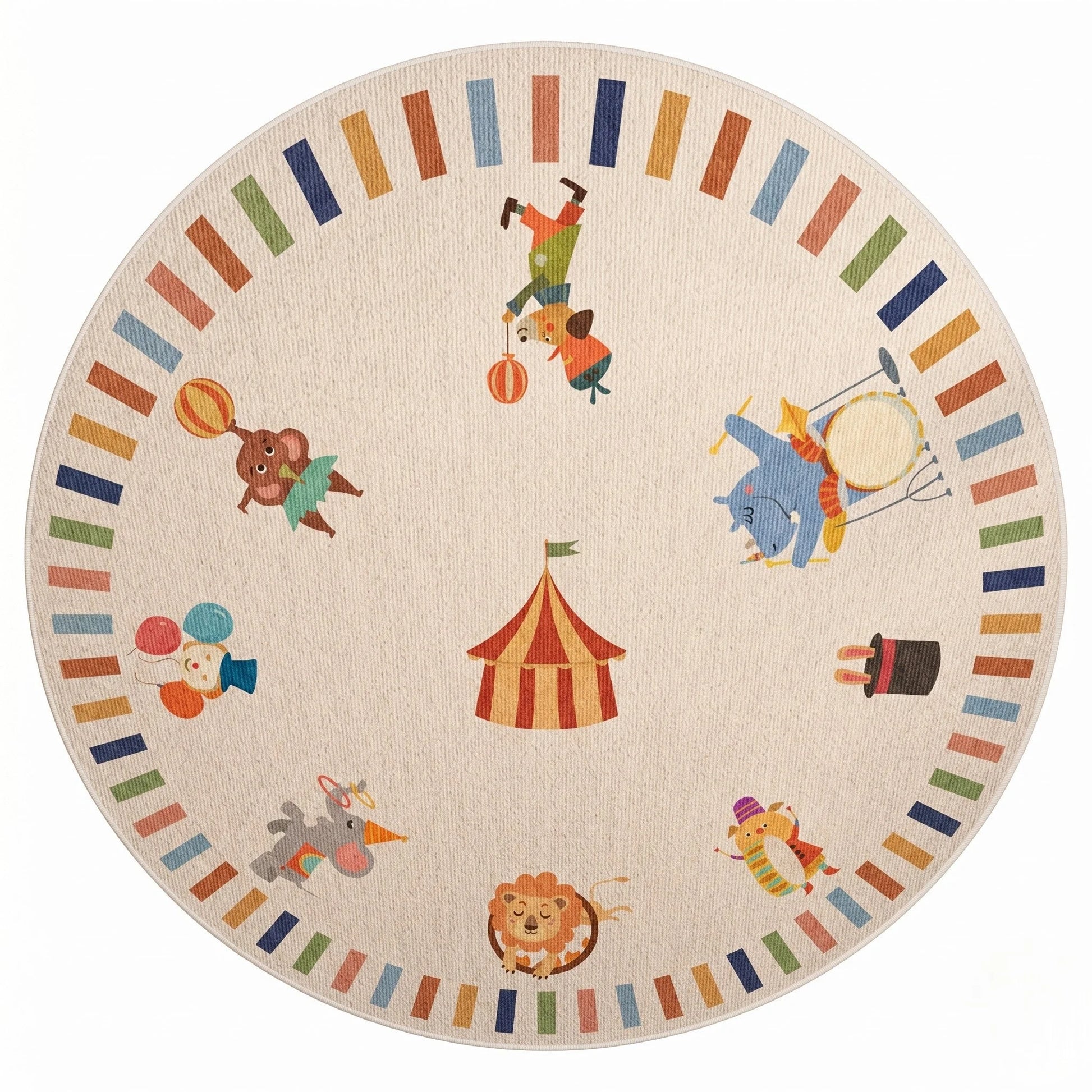 Vue studio du tapis rond enfant cirque animaux, chapiteau central et troupe lion, éléphant, ours jongleur, perroquet clown