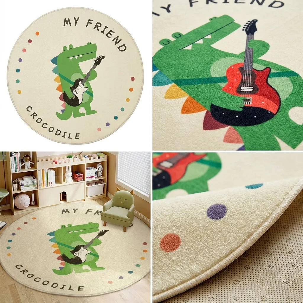 Composition de quatre vues du tapis rond enfant crocodile guitare : studio, motif, scène, texture