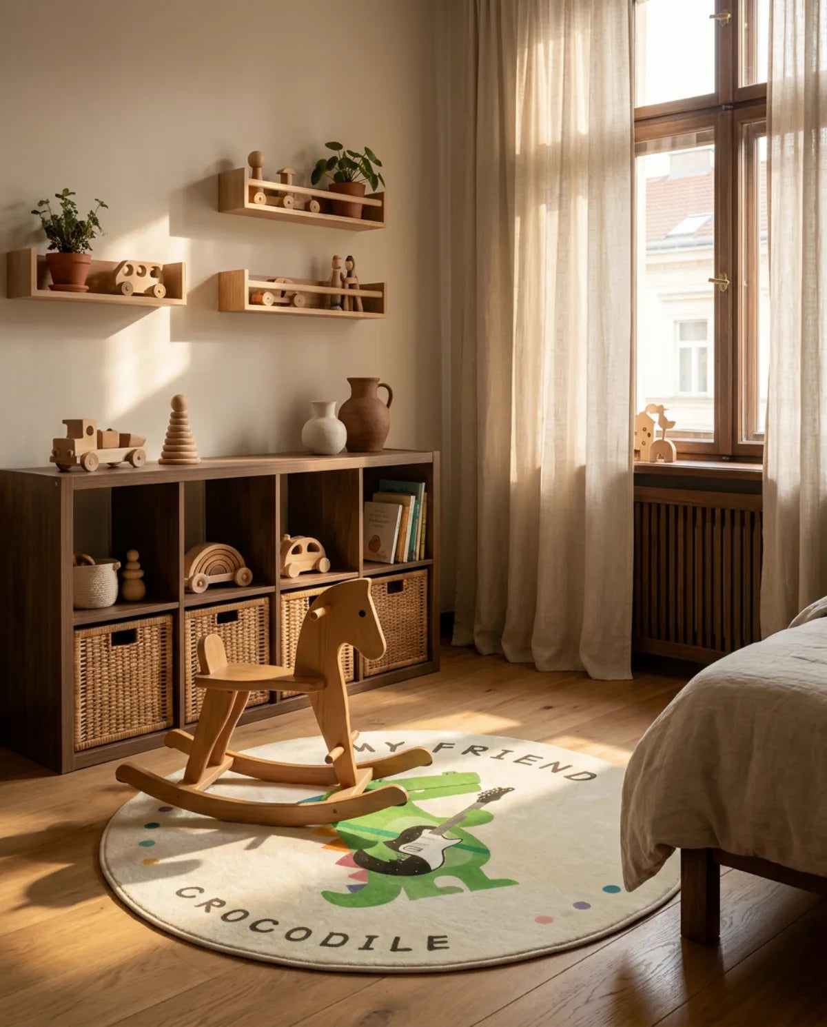 Tapis rond enfant crocodile guitare dans une chambre d'enfant, cheval à bascule posé dessus