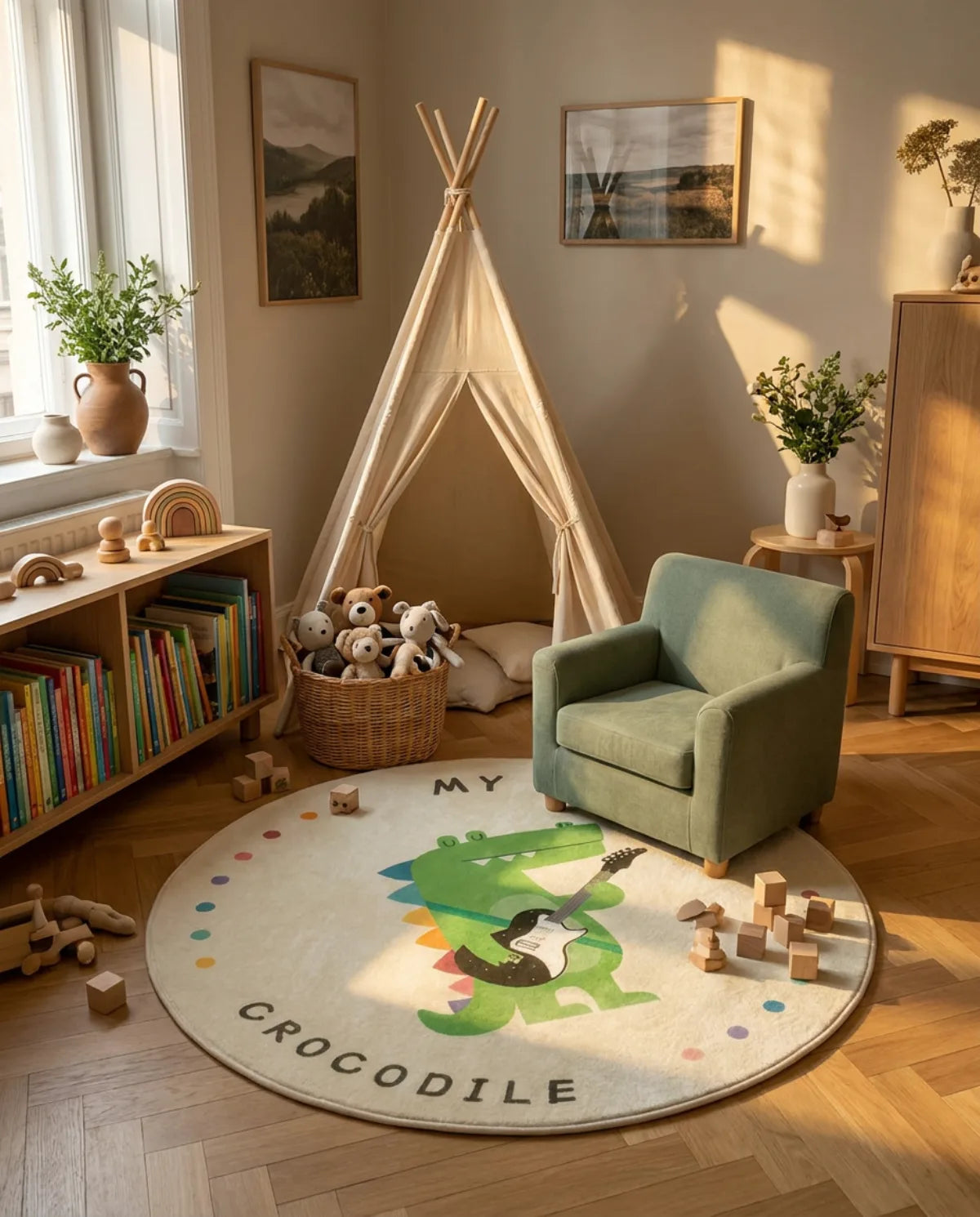 Tapis rond enfant crocodile guitare dans un coin lecture avec tipi et fauteuil enfant