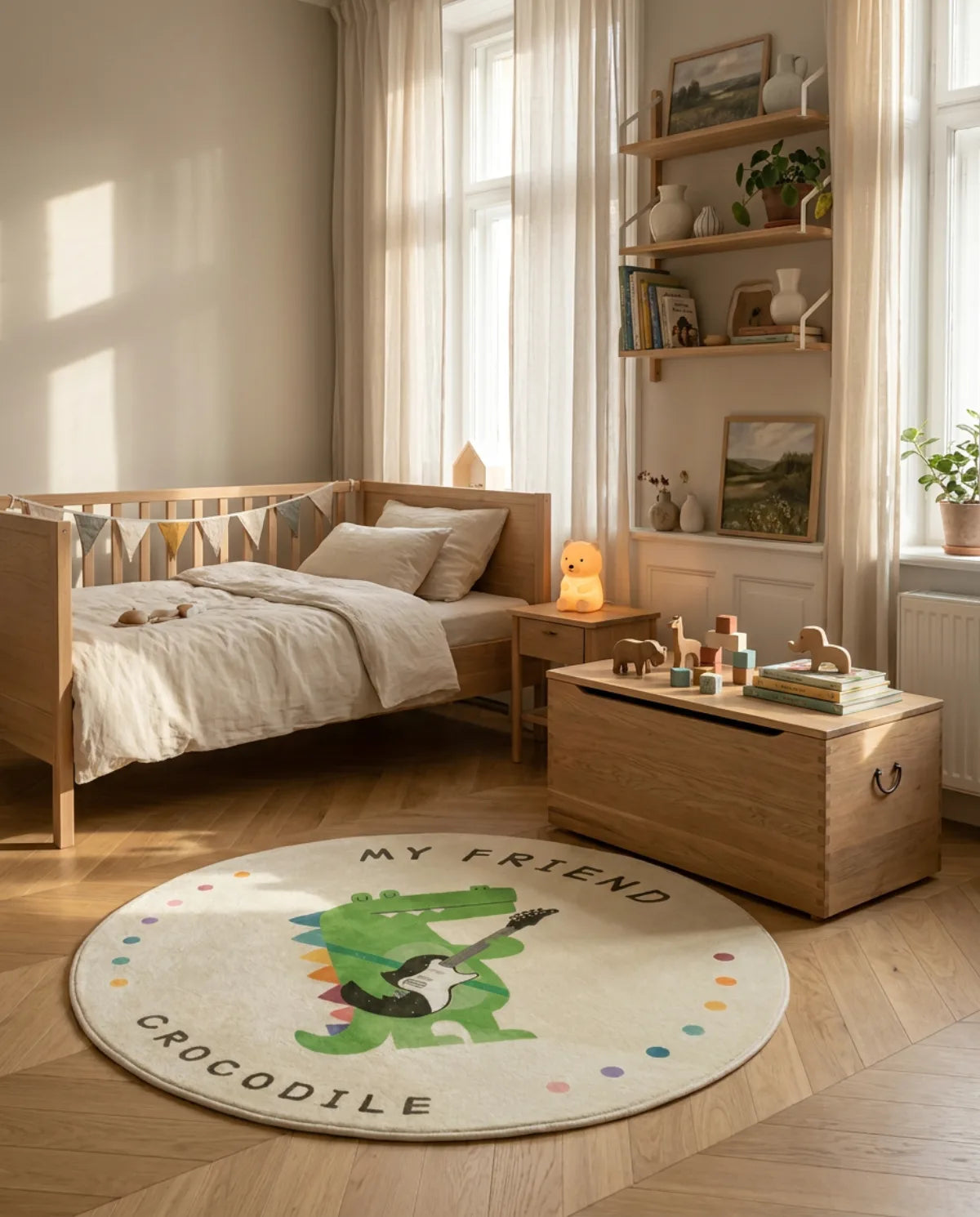 Tapis rond enfant crocodile guitare au pied d'un lit cabane, coffre à jouets posé dessus