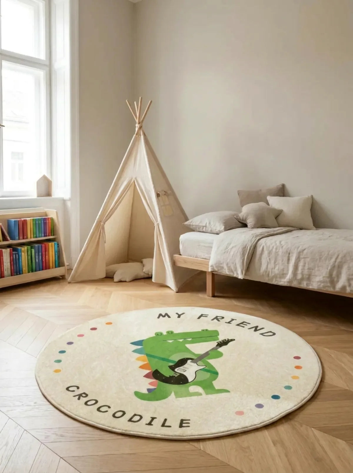 Tapis rond enfant crocodile guitare dans une chambre d'enfant
