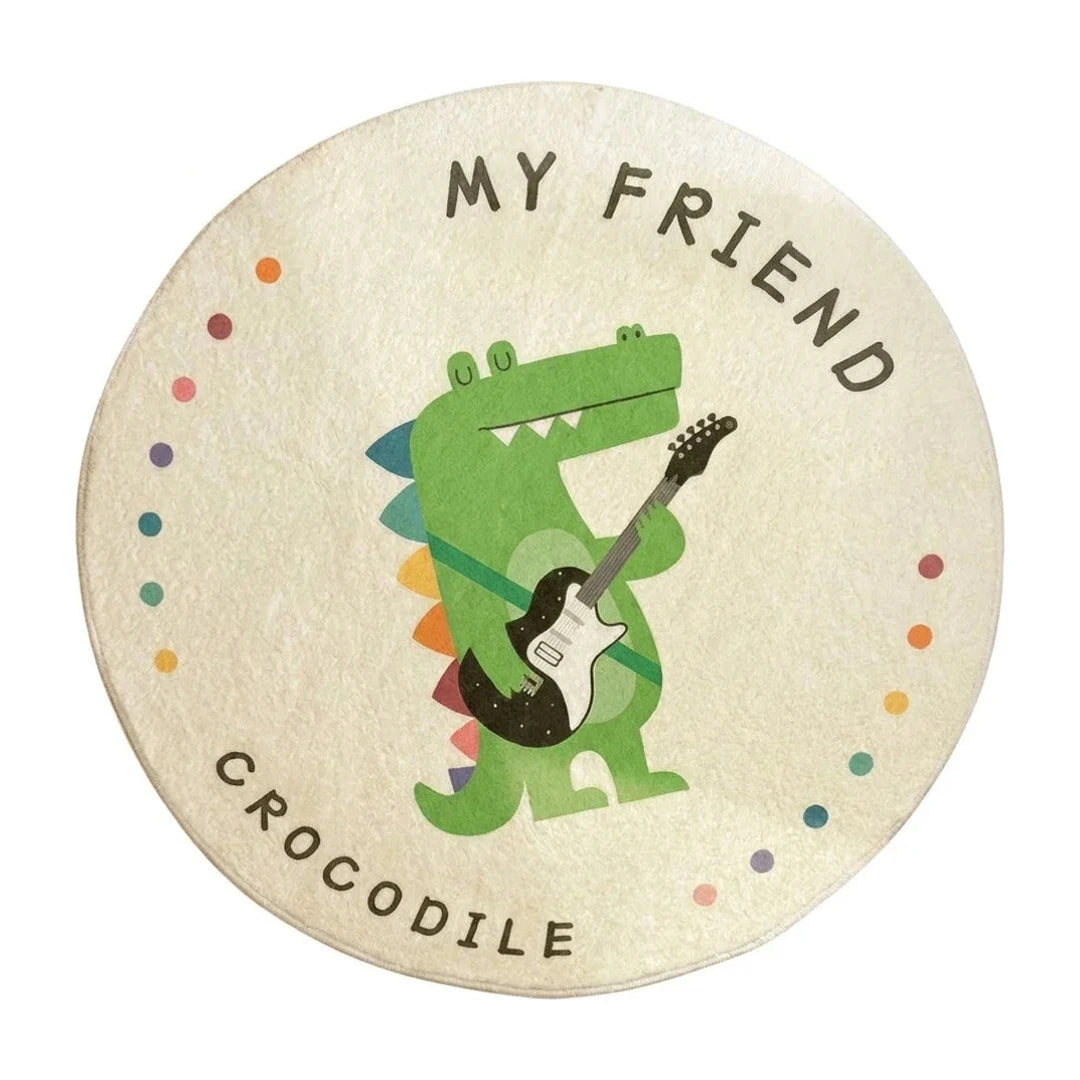 tapis-rond-enfant-crocodile-guitare, vue de dessus sur fond blanc