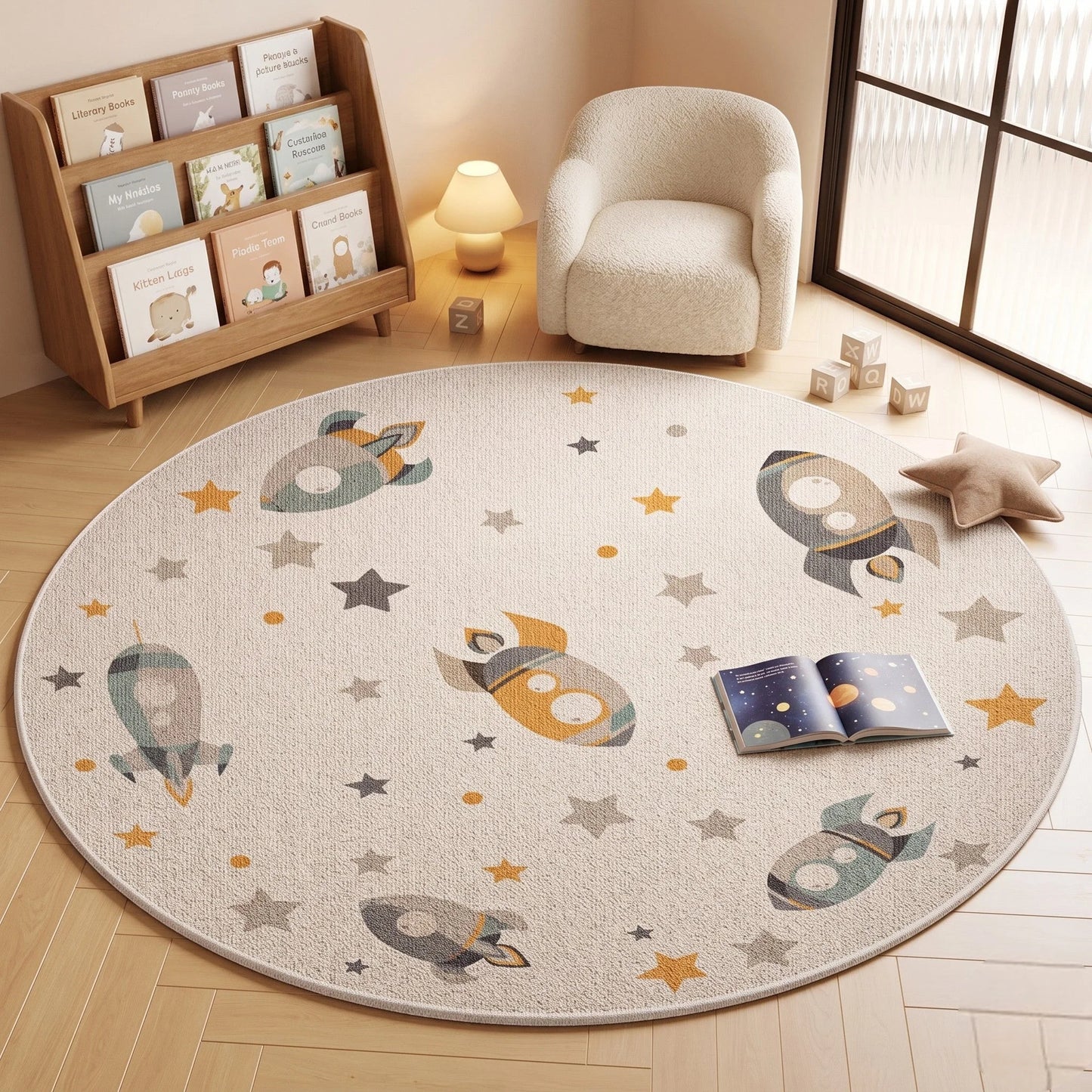 Tapis rond enfant fusées et étoiles dans un coin lecture avec bibliothèque enfant et fauteuil bouclé crème