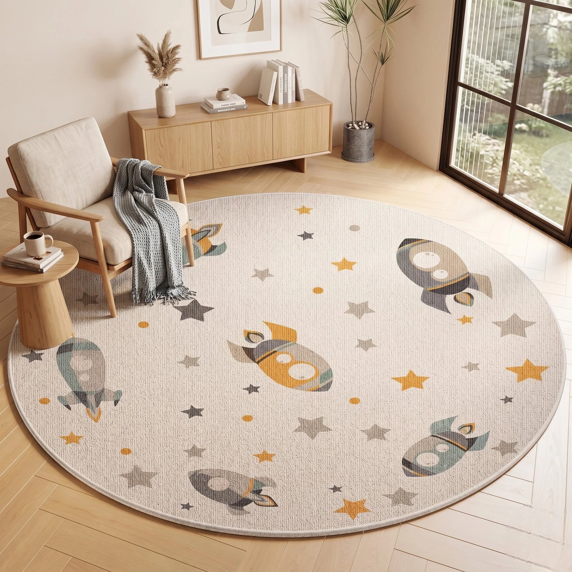 Tapis rond enfant fusées et étoiles dans un salon avec fauteuil bois clair, console en bois et plante