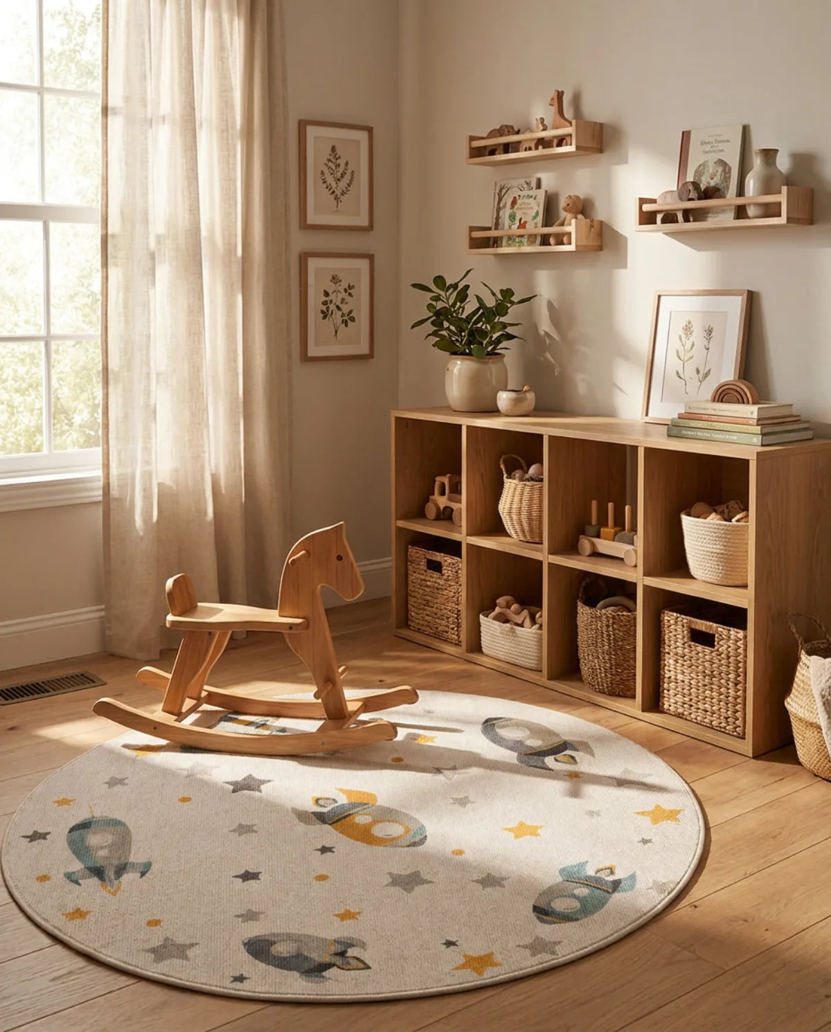 Tapis rond enfant fusées et étoiles dans une chambre d'enfant, cheval à bascule posé dessus