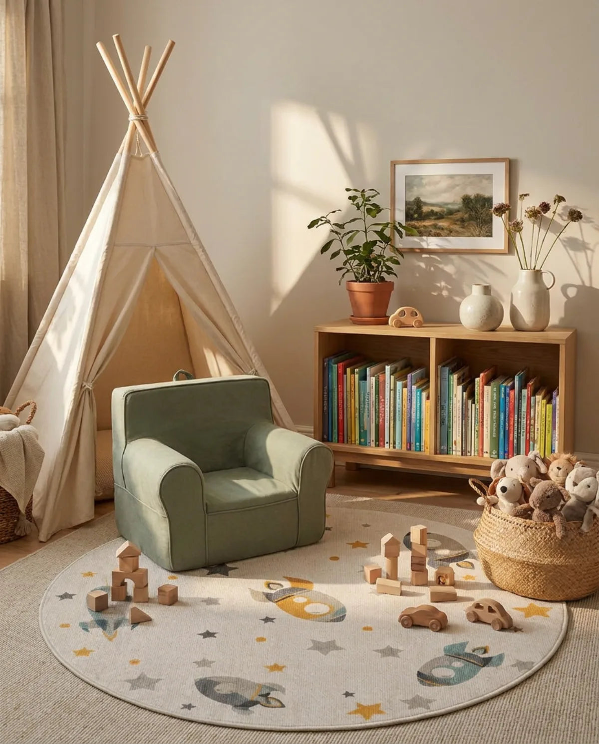 Tapis rond enfant fusées et étoiles dans un coin lecture avec tipi et fauteuil enfant