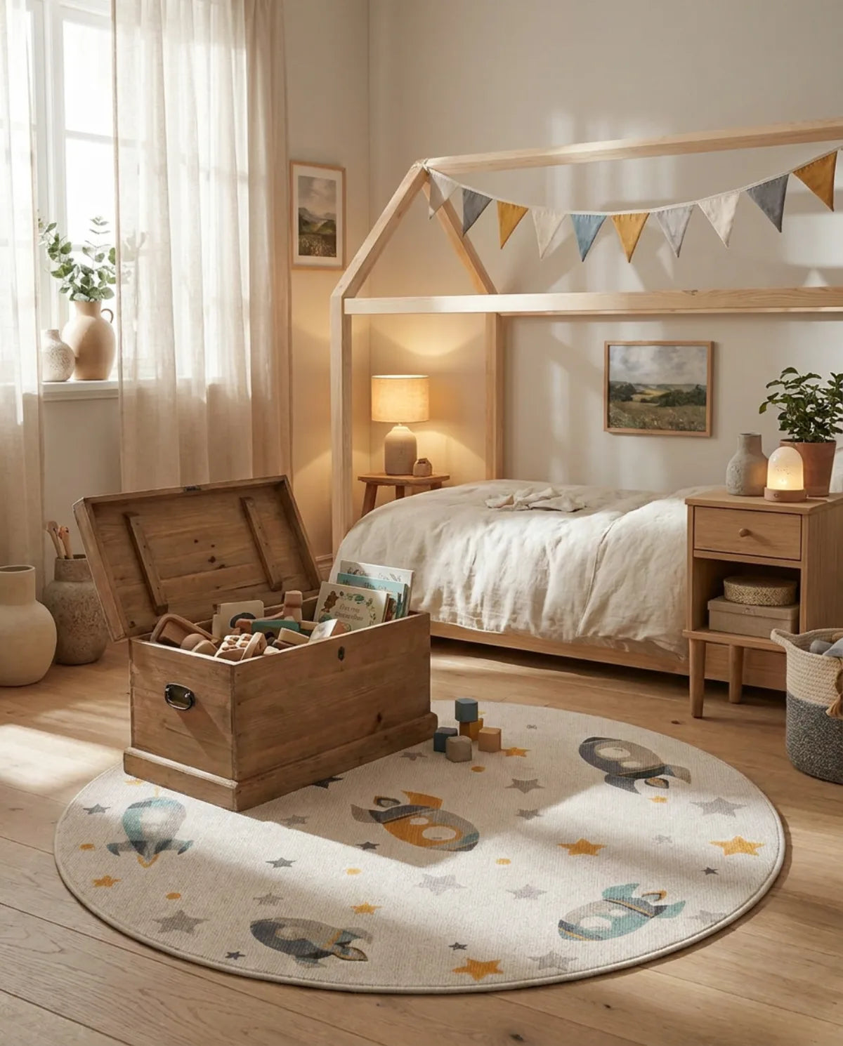 Tapis rond enfant fusées et étoiles au pied d'un lit cabane, coffre à jouets posé dessus