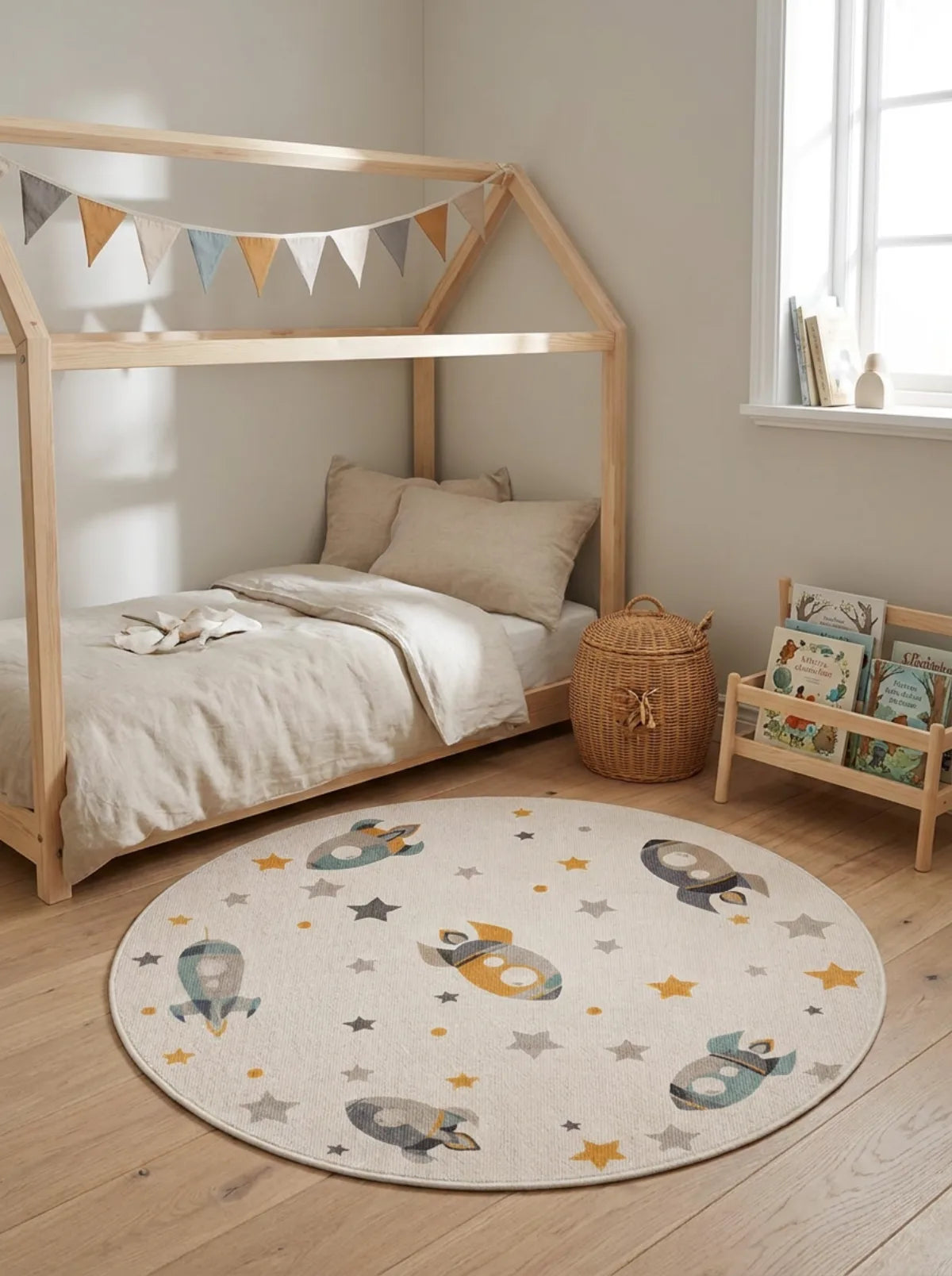 Tapis rond enfant fusées et étoiles dans une chambre d'enfant
