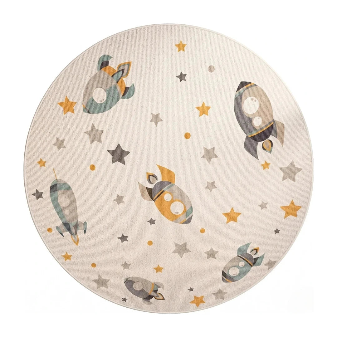 tapis-rond-enfant-fusees-etoiles, vue de dessus sur fond blanc