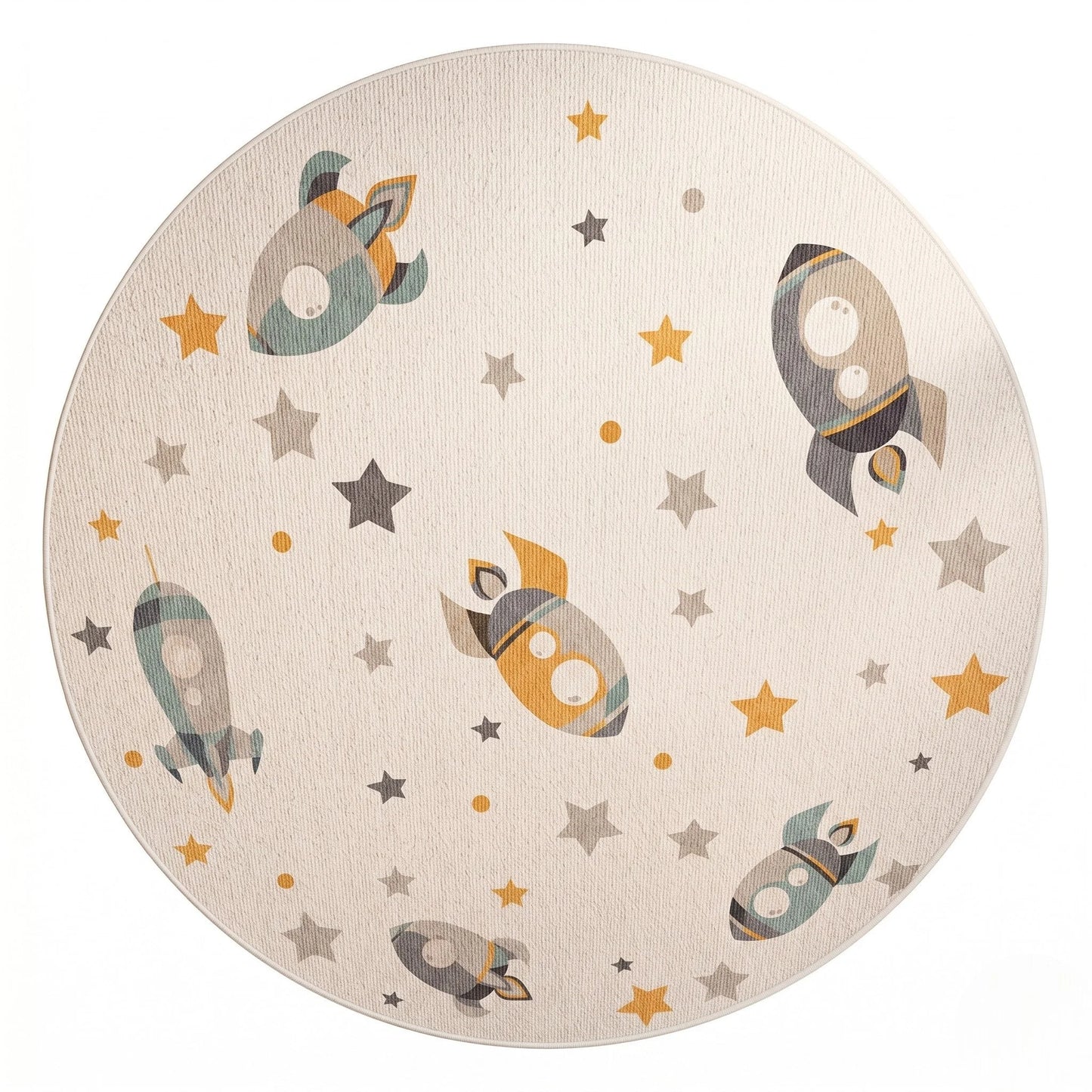 Vue studio du tapis rond enfant fusées et étoiles, six fusées pastel et étoiles éparpillées sur fond crème