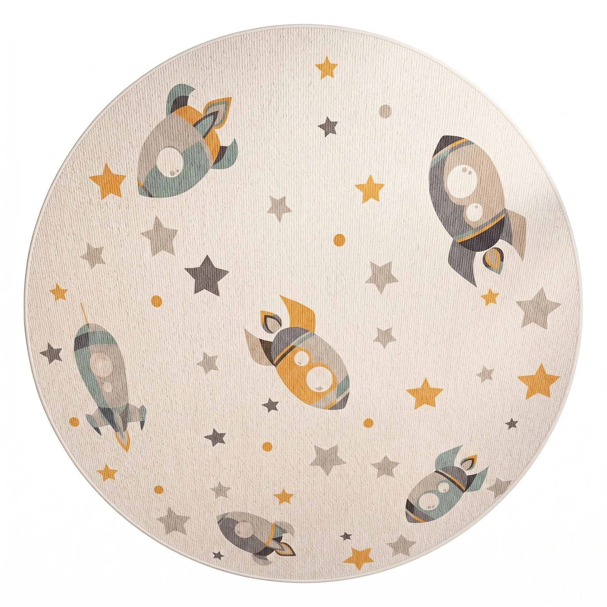 Vue studio du tapis rond enfant fusées et étoiles, six fusées pastel et étoiles éparpillées sur fond crème