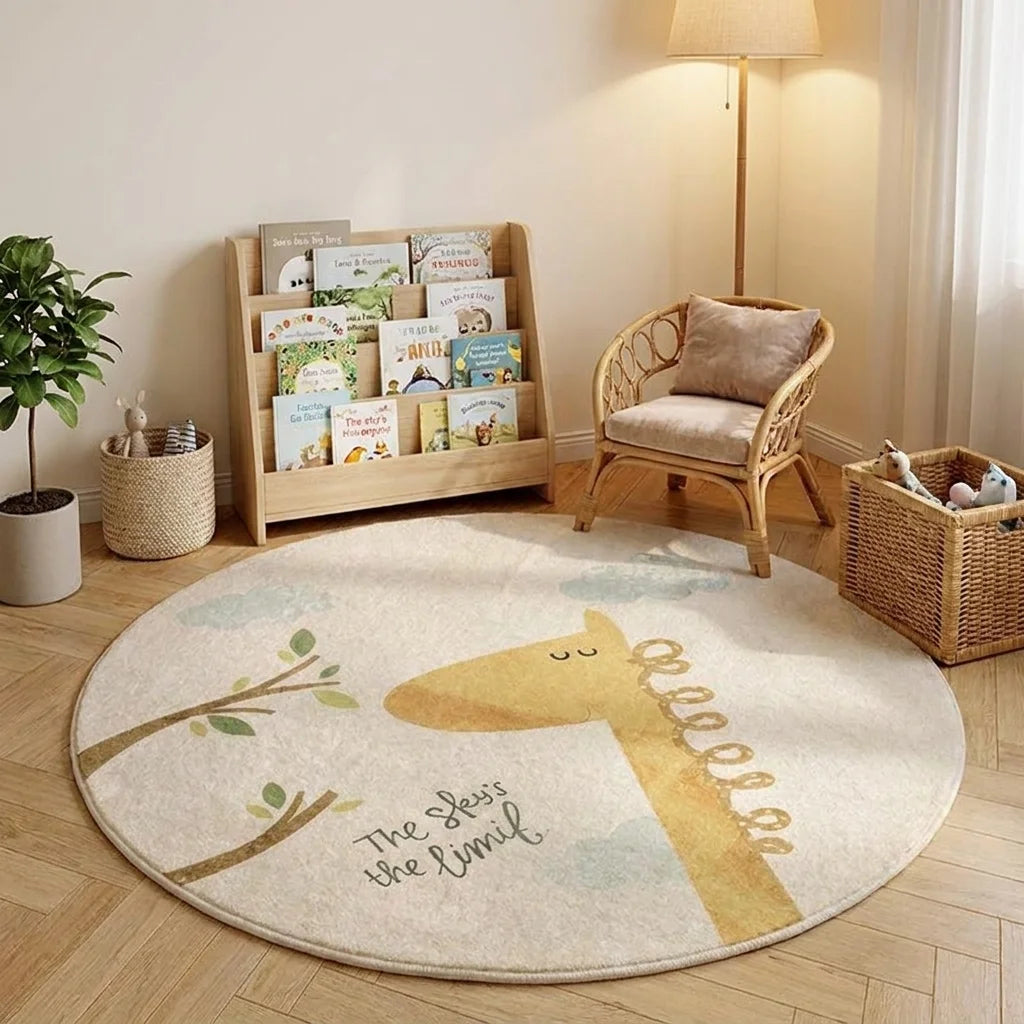 Tapis rond enfant girafe dans un coin lecture avec bibliothèque basse et fauteuil rotin