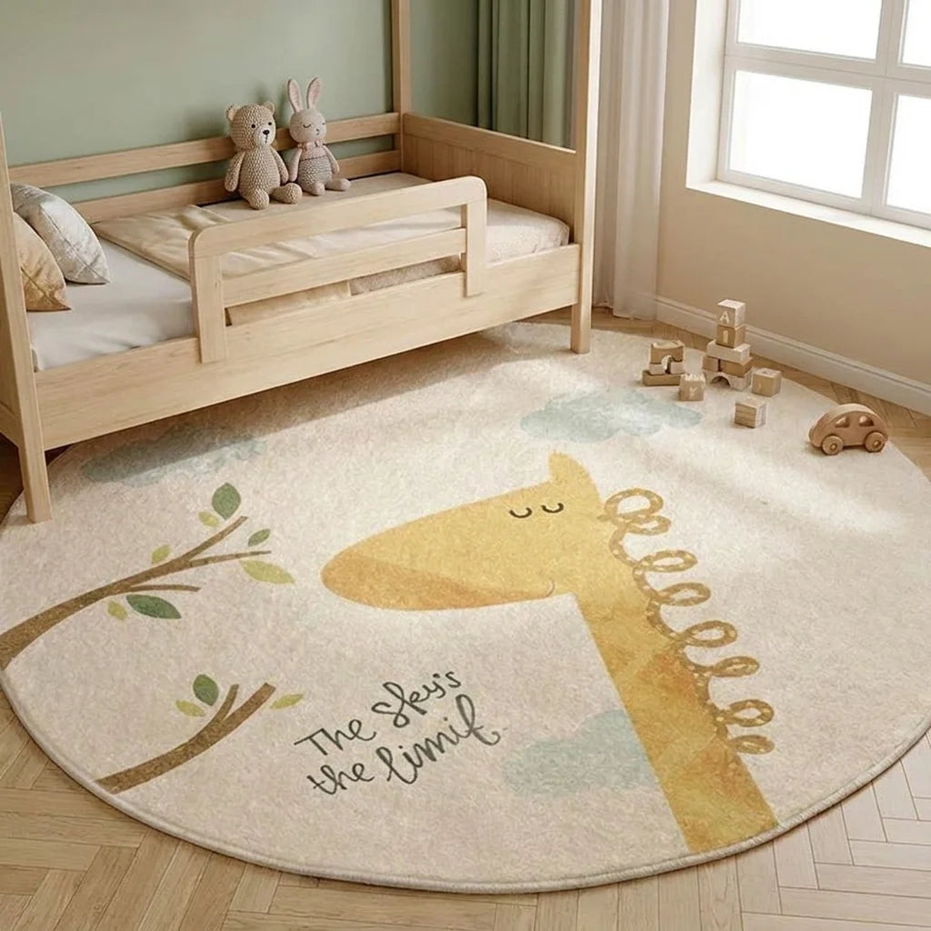 Tapis rond enfant girafe dans une chambre scandinave avec lit cabane, vue trois-quart