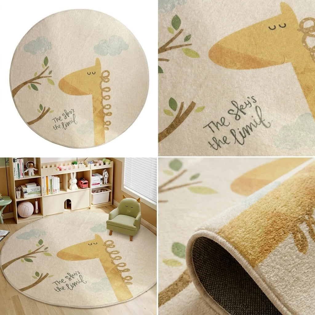 Composition de quatre vues du tapis rond enfant girafe : studio, motif, scène, texture