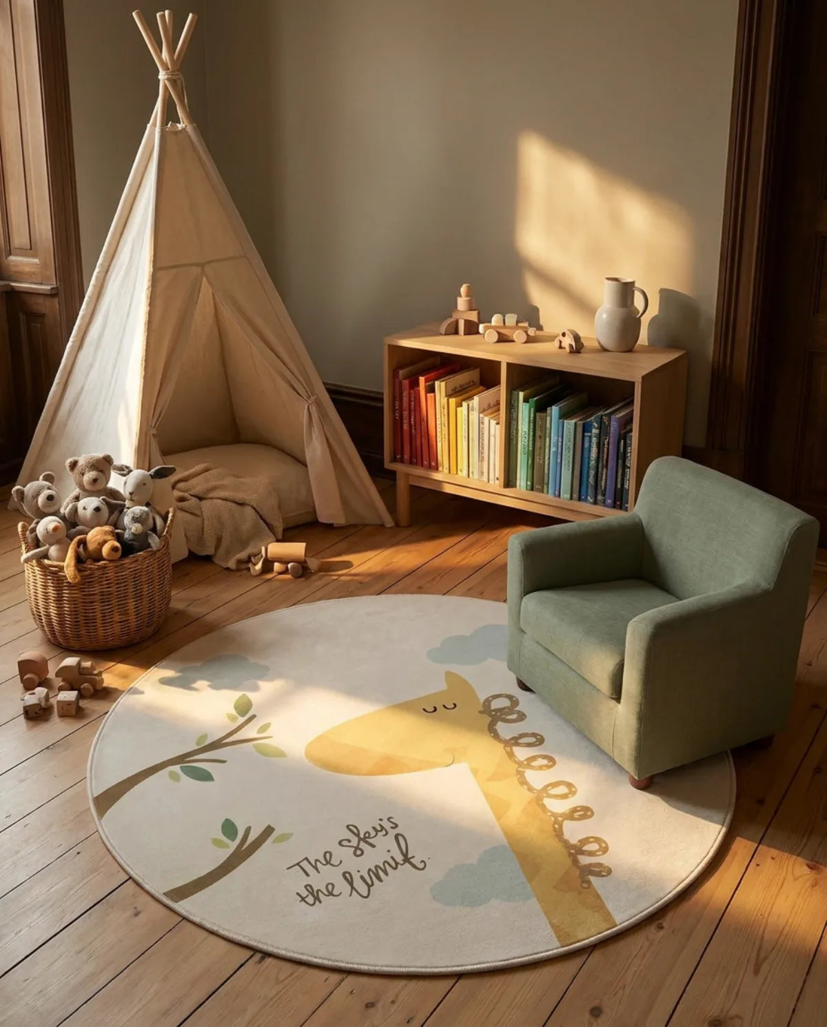 Tapis rond enfant girafe dans un coin lecture avec tipi et fauteuil enfant