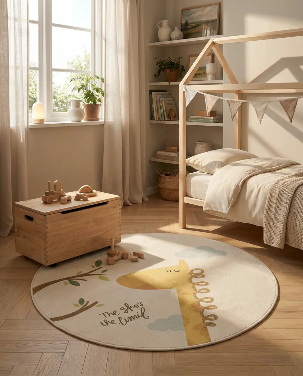 Tapis rond enfant girafe au pied d'un lit cabane, coffre à jouets posé dessus