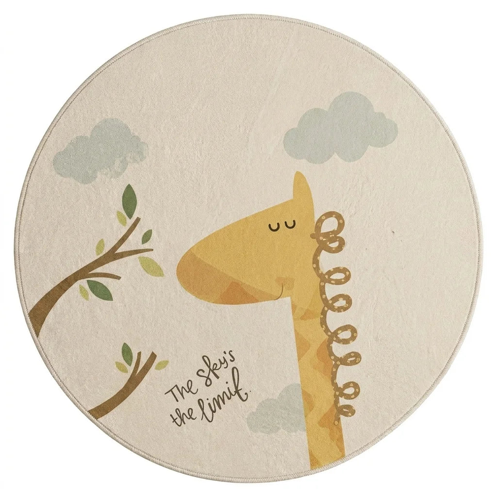 Vue studio du tapis rond enfant girafe sur fond blanc, motif net cartoon kawaii