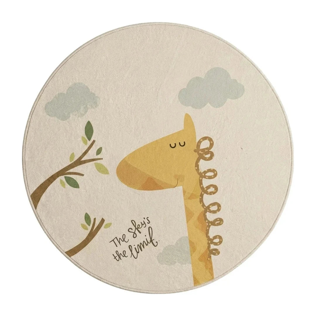 tapis-rond-enfant-girafe, vue de dessus sur fond blanc