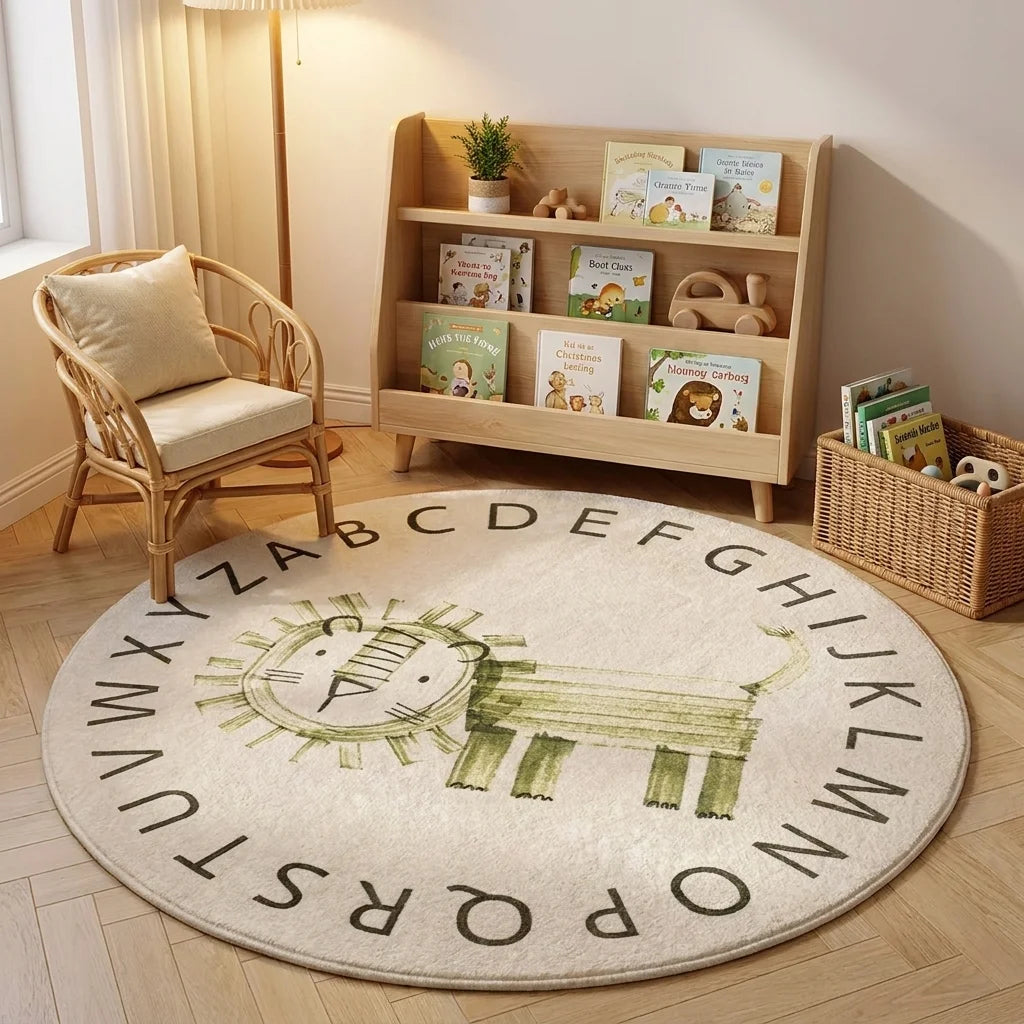 Tapis rond enfant lion alphabet dans un coin lecture avec bibliothèque basse et fauteuil rotin