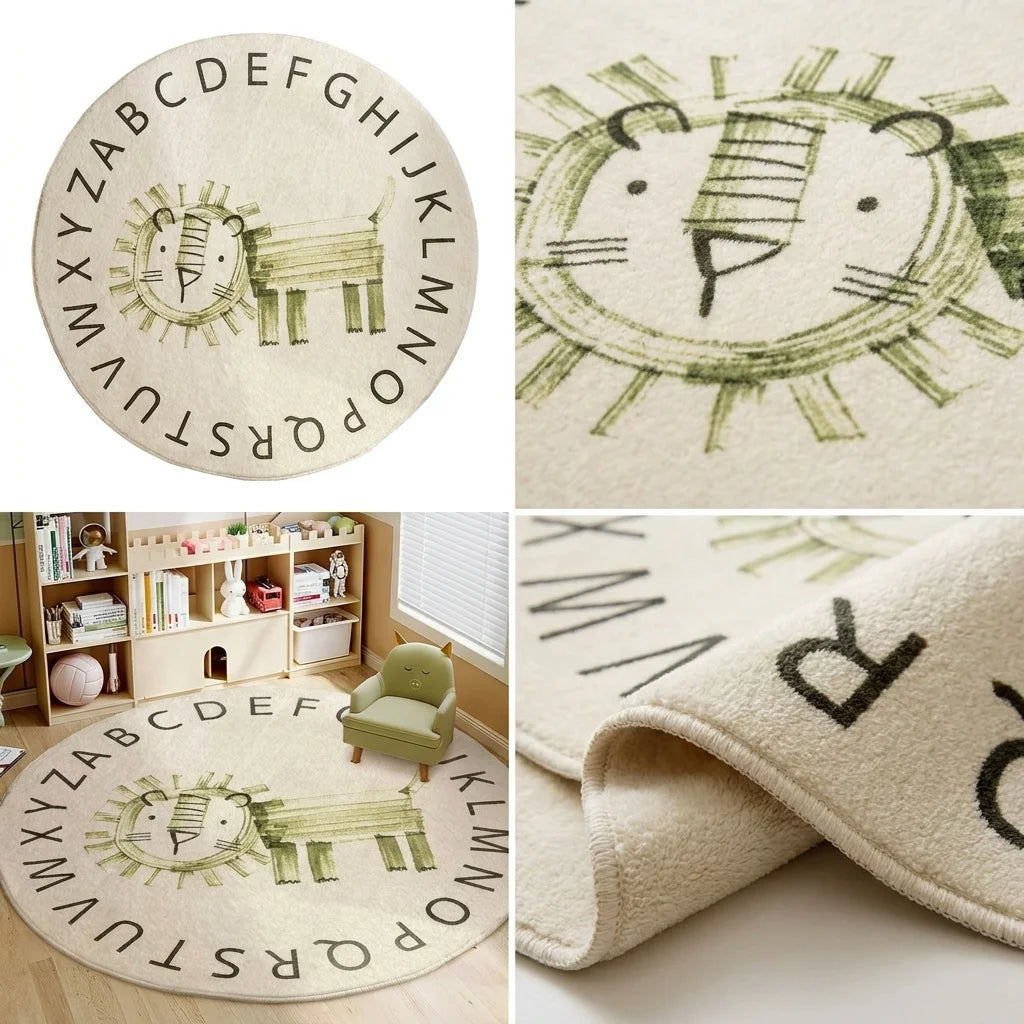 Composition de quatre vues du tapis rond enfant lion alphabet : studio, motif, scène, texture