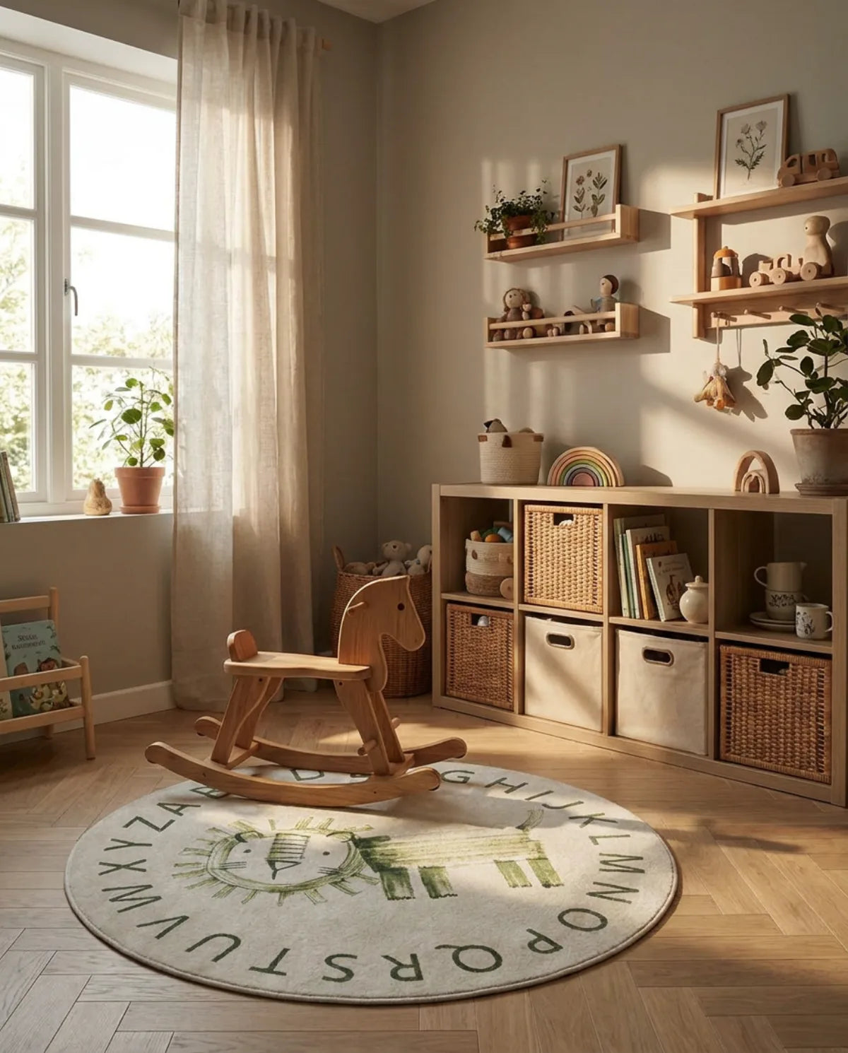 Tapis rond enfant lion alphabet dans une chambre d'enfant, cheval à bascule posé dessus
