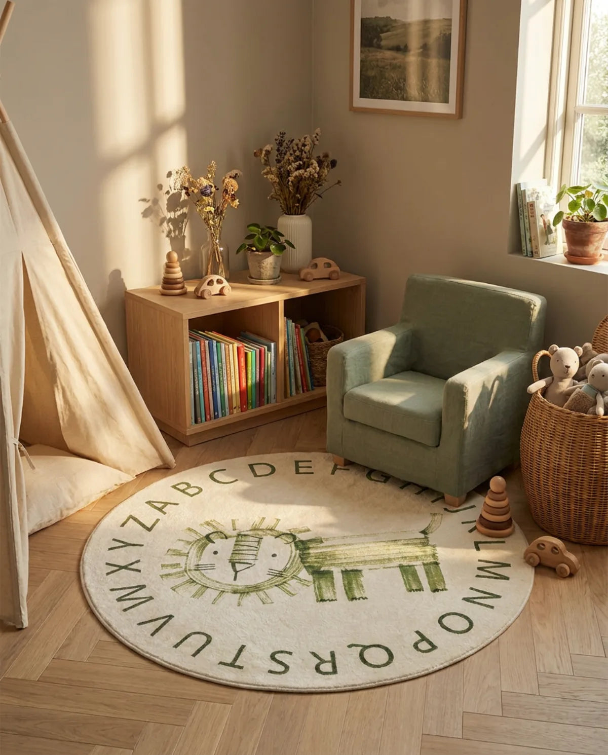 Tapis rond enfant lion alphabet dans un coin lecture avec tipi et fauteuil enfant