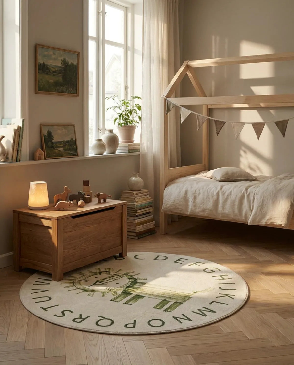 Tapis rond enfant lion alphabet au pied d'un lit cabane, coffre à jouets posé dessus