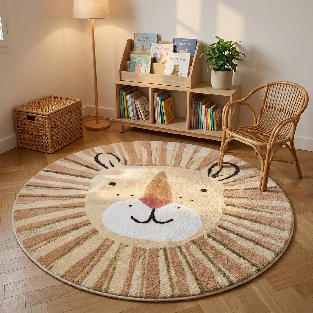 Tapis rond enfant lion dans un coin lecture avec bibliothèque basse et fauteuil rotin