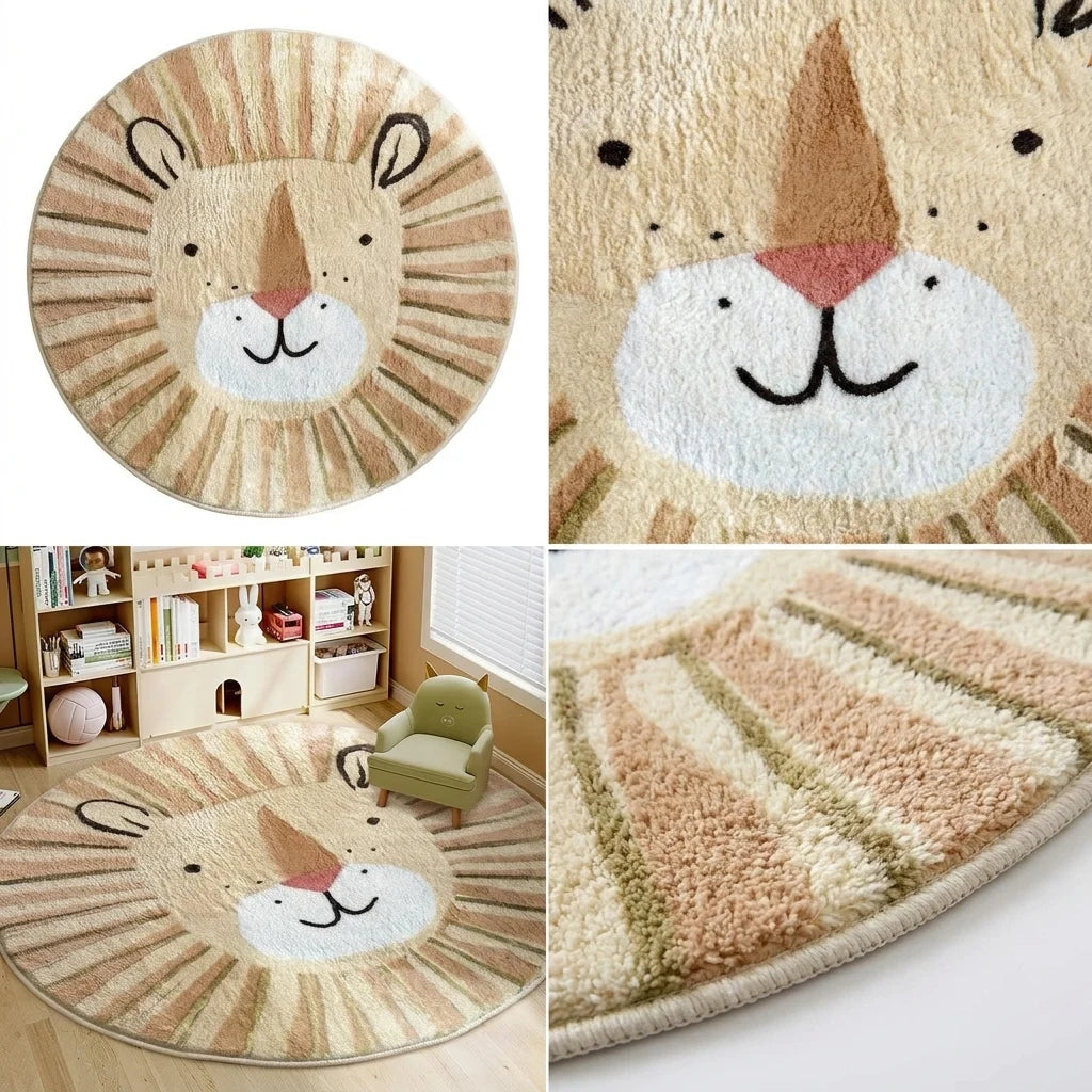 Composition de quatre vues du tapis rond enfant lion : studio, motif, scène, texture