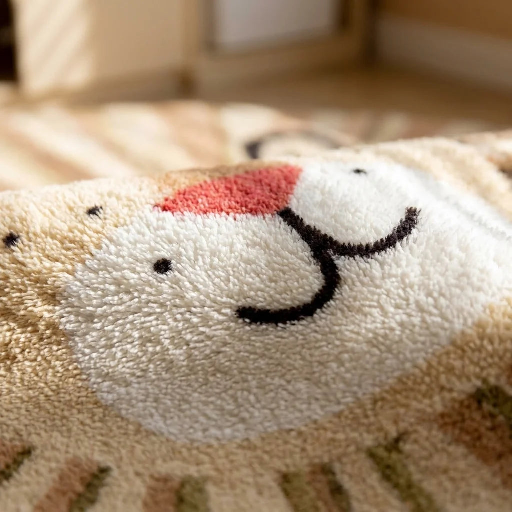 Macro de la peluche du tapis rond enfant lion, détail du motif et de la texture
