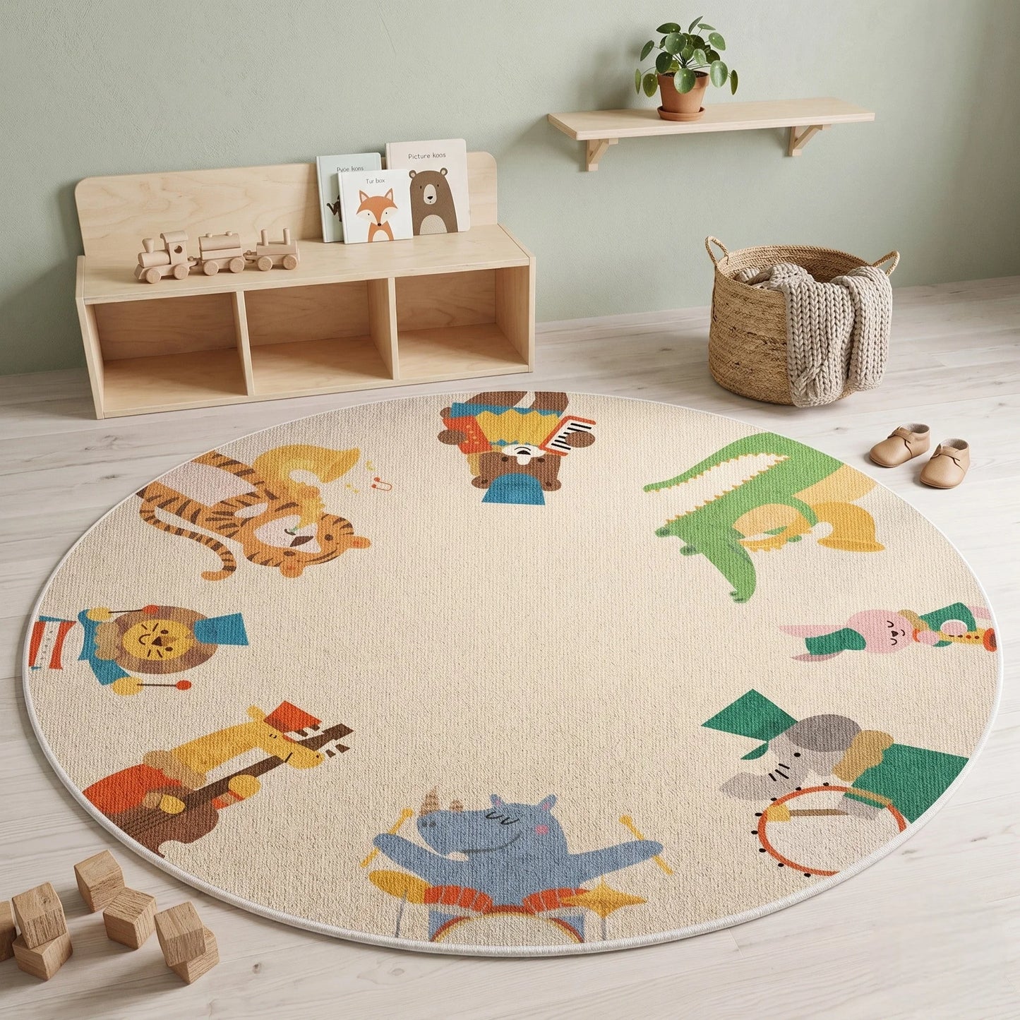 Tapis rond enfant orchestre animaux dans une chambre avec banc en bois clair, pantoufles et panier en rotin