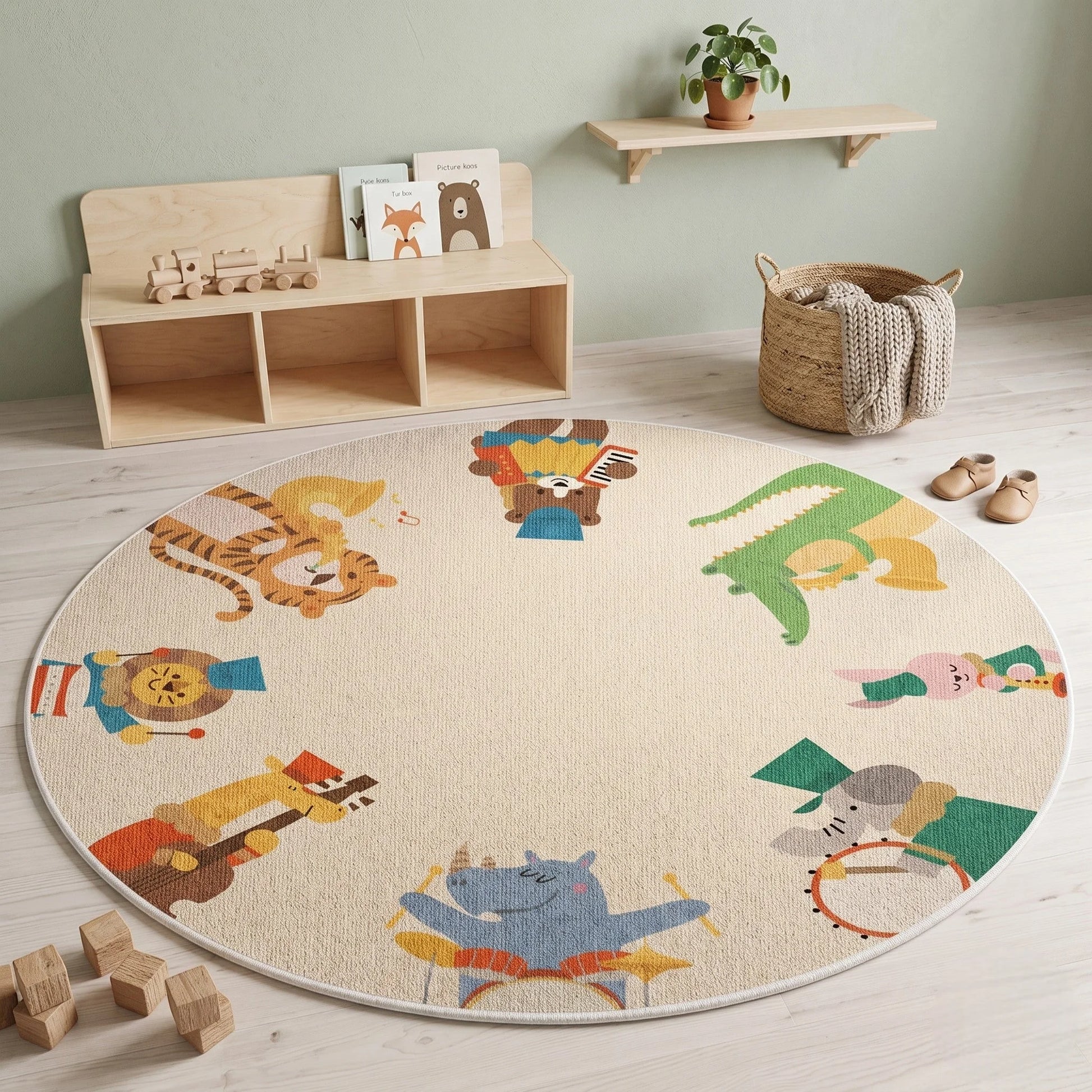 Tapis rond enfant orchestre animaux dans une chambre avec banc en bois clair, pantoufles et panier en rotin