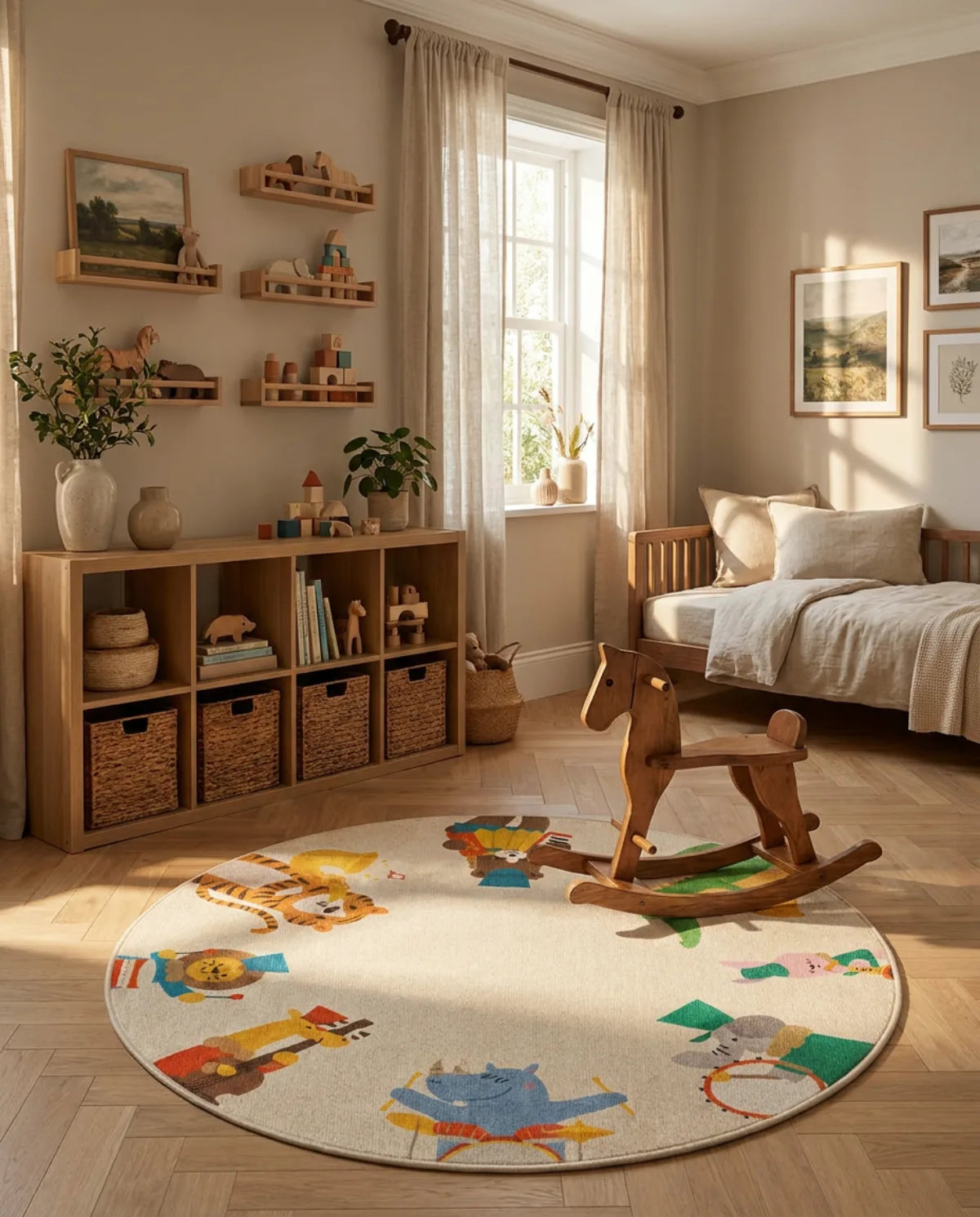 Tapis rond enfant orchestre animaux dans une chambre d'enfant, cheval à bascule posé dessus