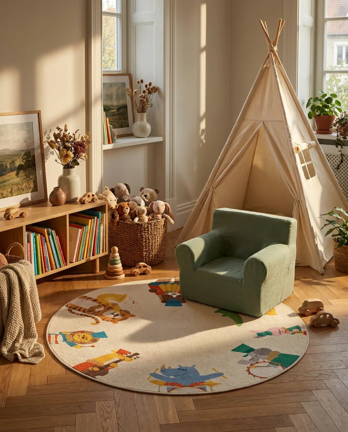 Tapis rond enfant orchestre animaux dans un coin lecture avec tipi et fauteuil enfant