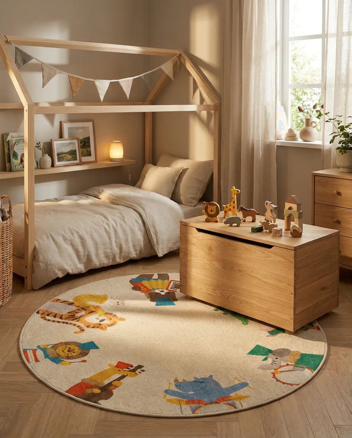 Tapis rond enfant orchestre animaux au pied d'un lit cabane, coffre à jouets posé dessus