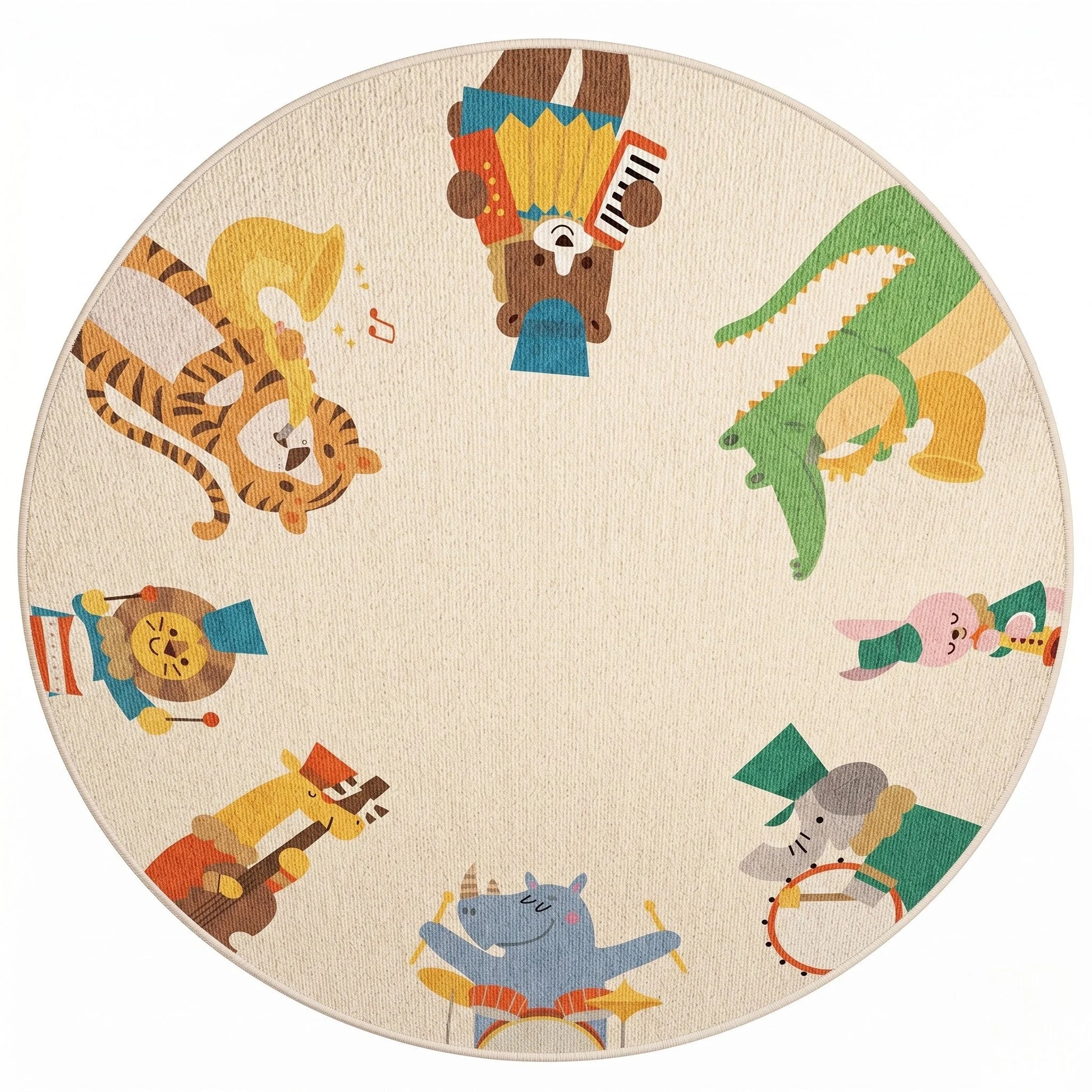 Vue studio du tapis rond enfant orchestre animaux, tigre saxophone, ours accordéon, lion tambour, koala guitare