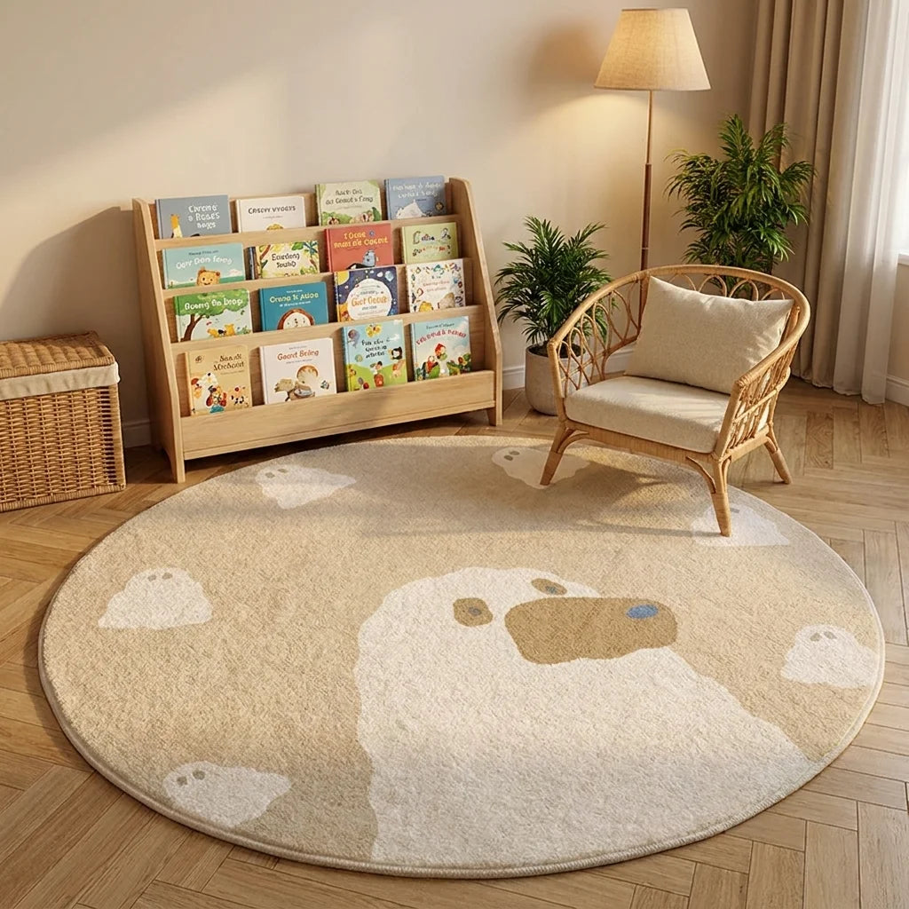 Tapis rond enfant ours nuages dans un coin lecture avec bibliothèque basse et fauteuil rotin