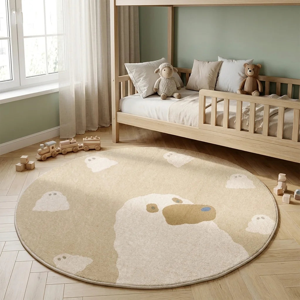 Tapis rond enfant ours nuages dans une chambre scandinave avec lit cabane, vue trois-quart