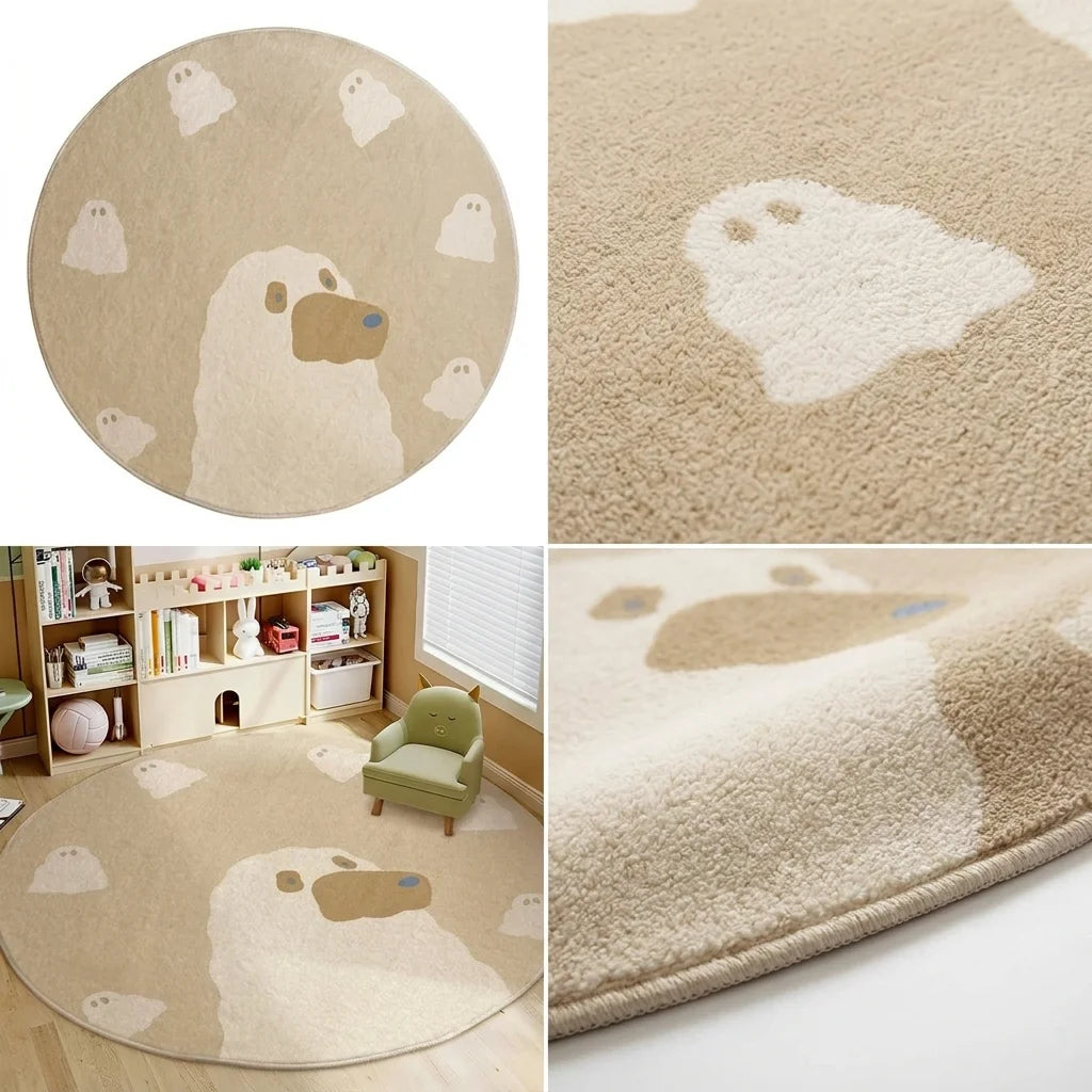 Composition de quatre vues du tapis rond enfant ours nuages : studio, motif, scène, texture